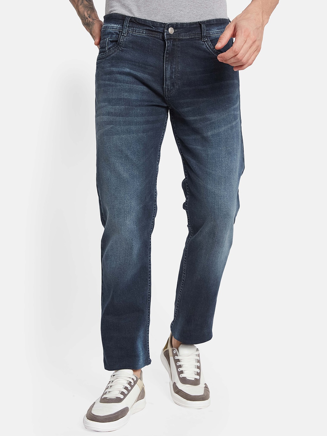 

Octave Men Straight Fit Mid-Rise Light Fade Low Distress Cotton Jeans, Navy blue