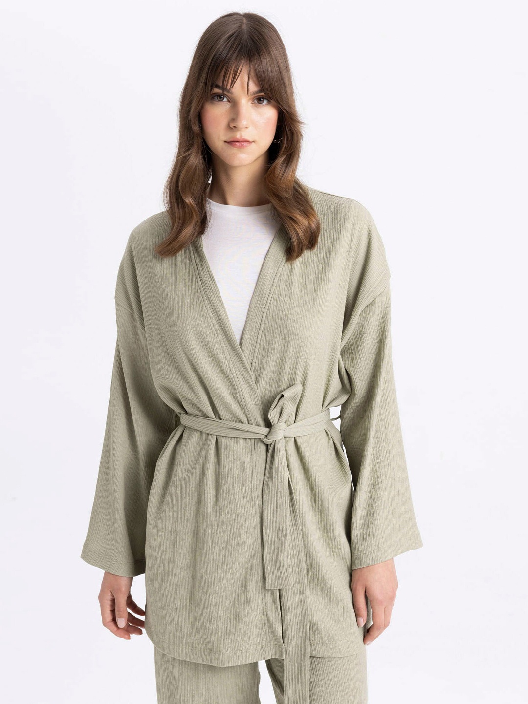 

DeFacto V-Neck Longline Tie-Up Shrug, Grey