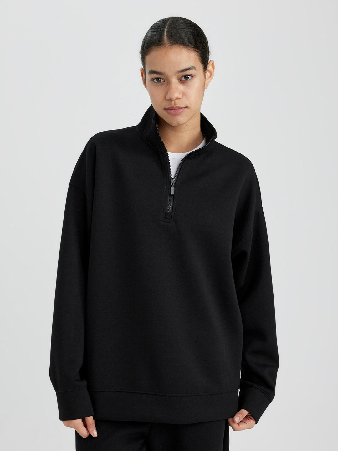 

DeFacto Mock Collar Zip-Up Bomber Jacket, Black