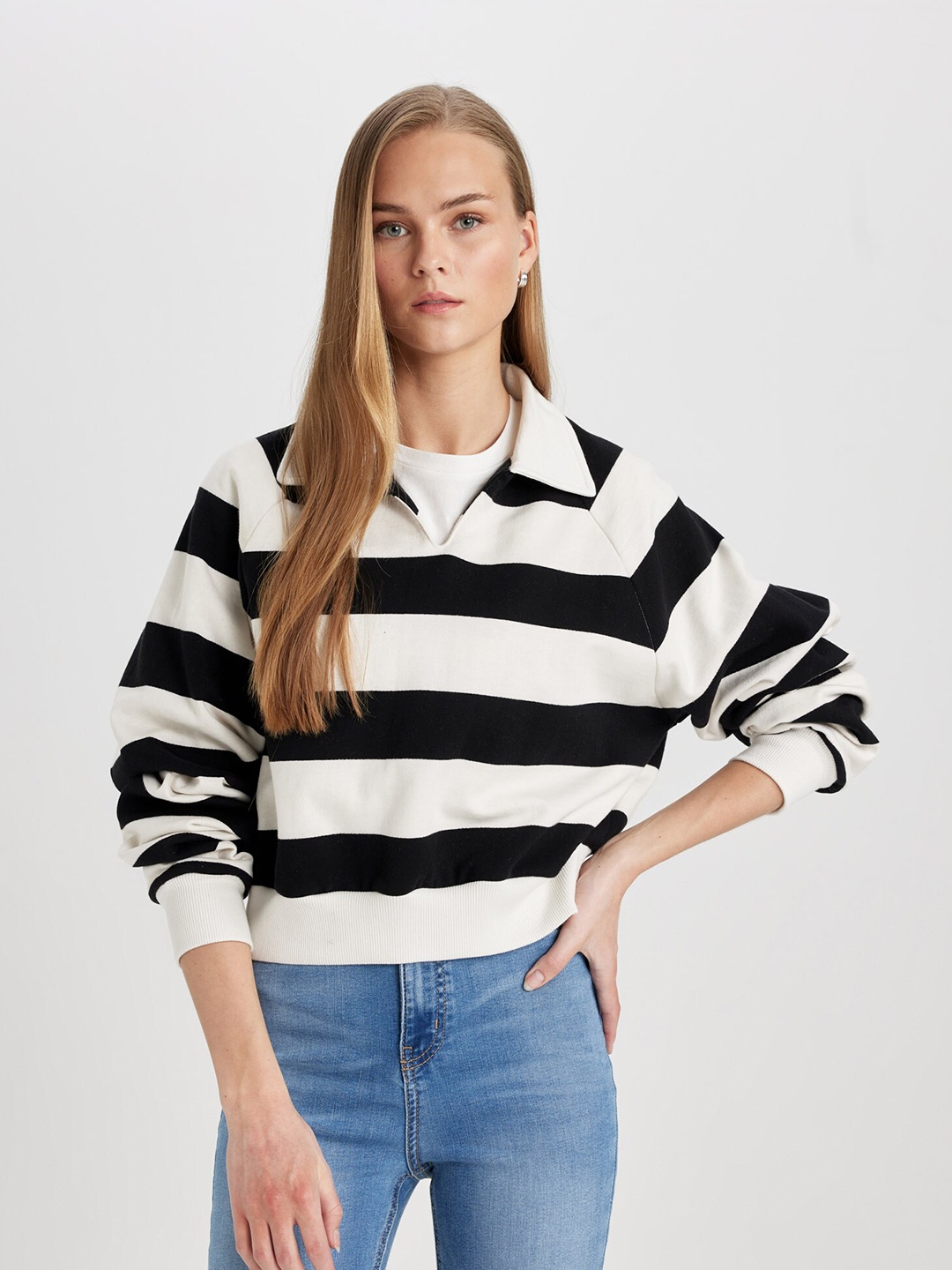 

DeFacto Striped Shirt Collar Pullover, Black