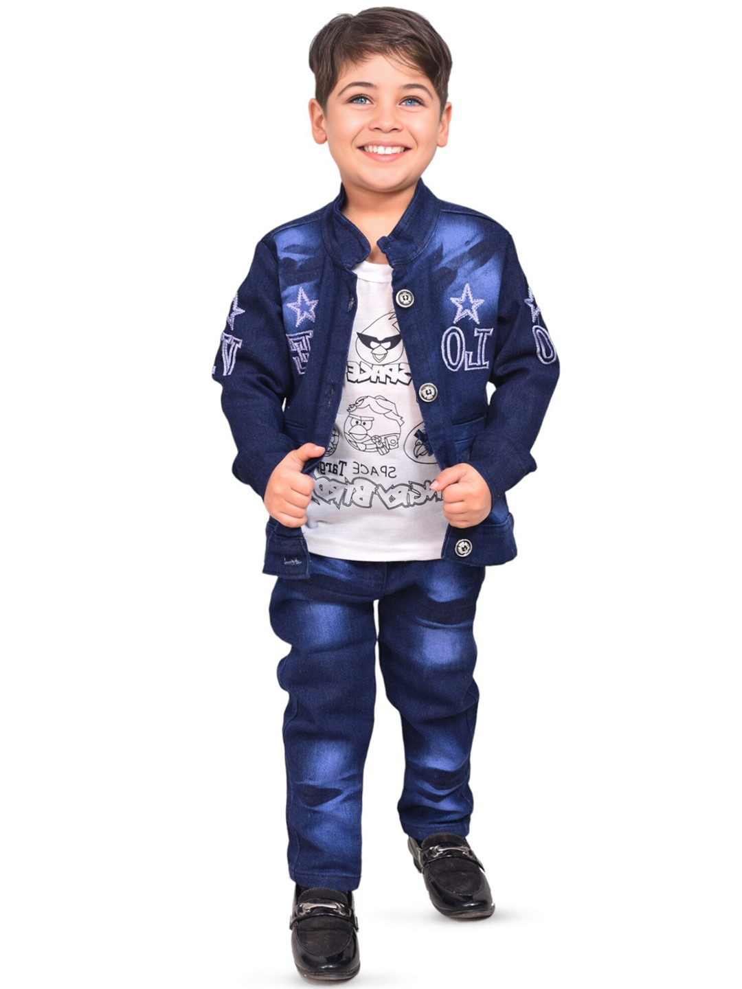 

BAESD Boys Printed Cotton Silk T-shirt And Shirt With Trouser, Navy blue