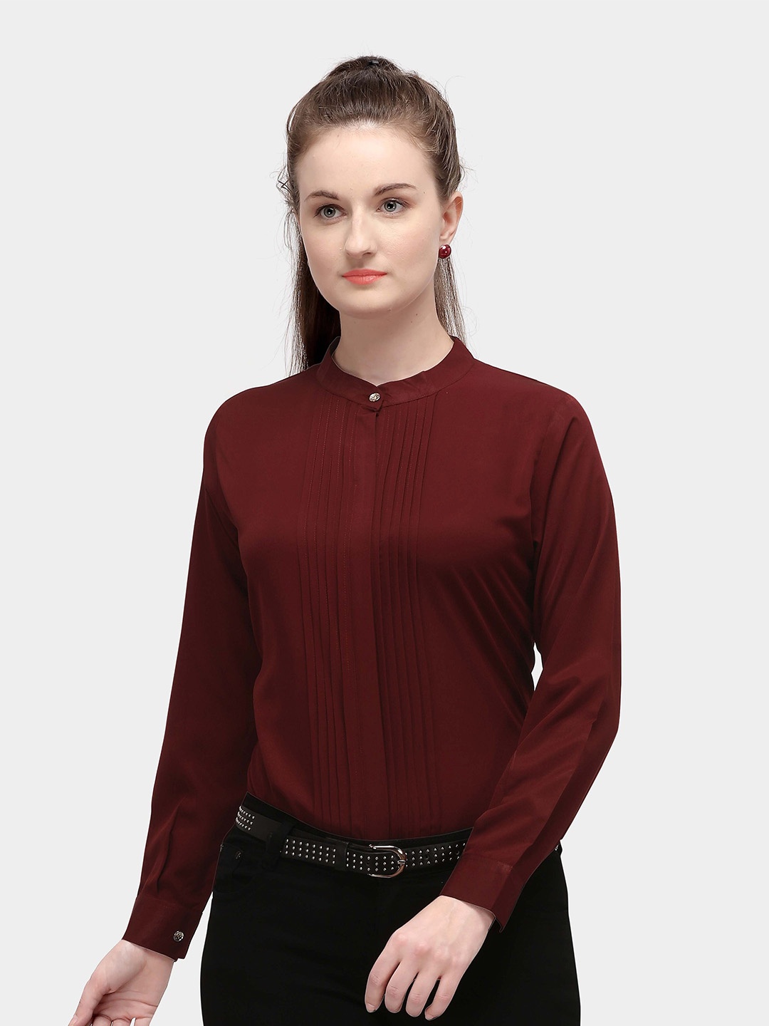 

Kinjo Mandarin Collar Long Cuffed Sleeves Crepe Top, Maroon