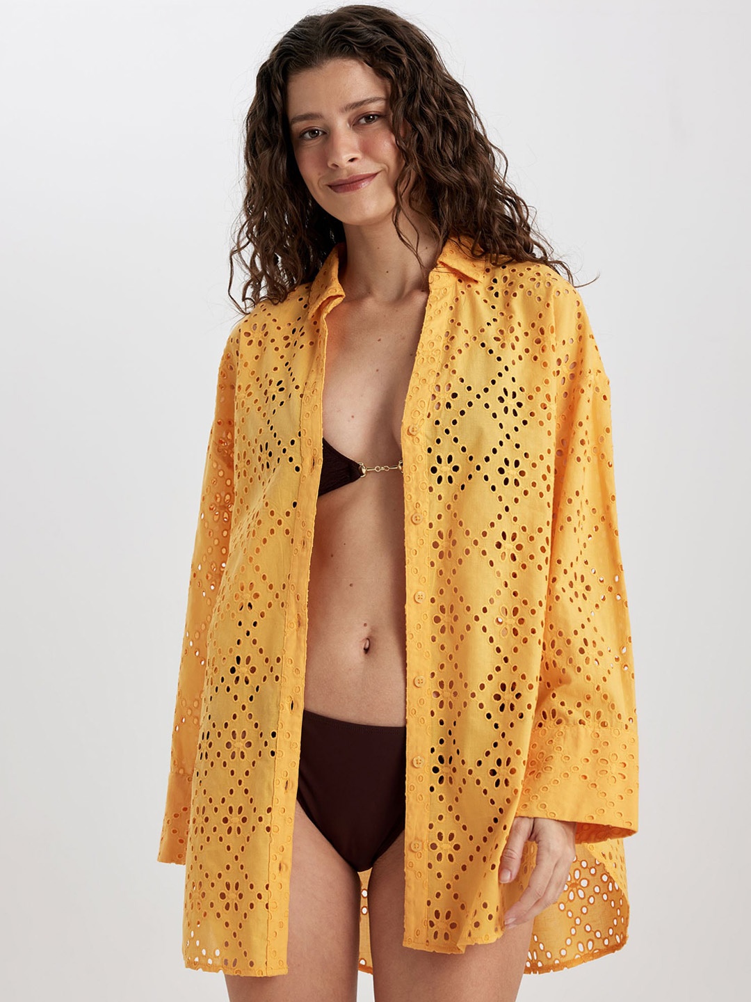 

DeFacto Self Design Cotton Swimwear Cover Up, Yellow