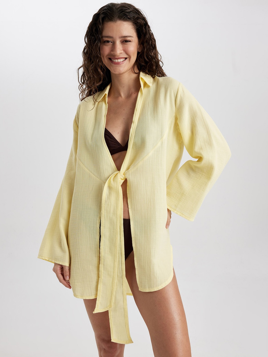 

DeFacto Pure Cotton Tie-Ups Swimwear Cover Up Top, Yellow