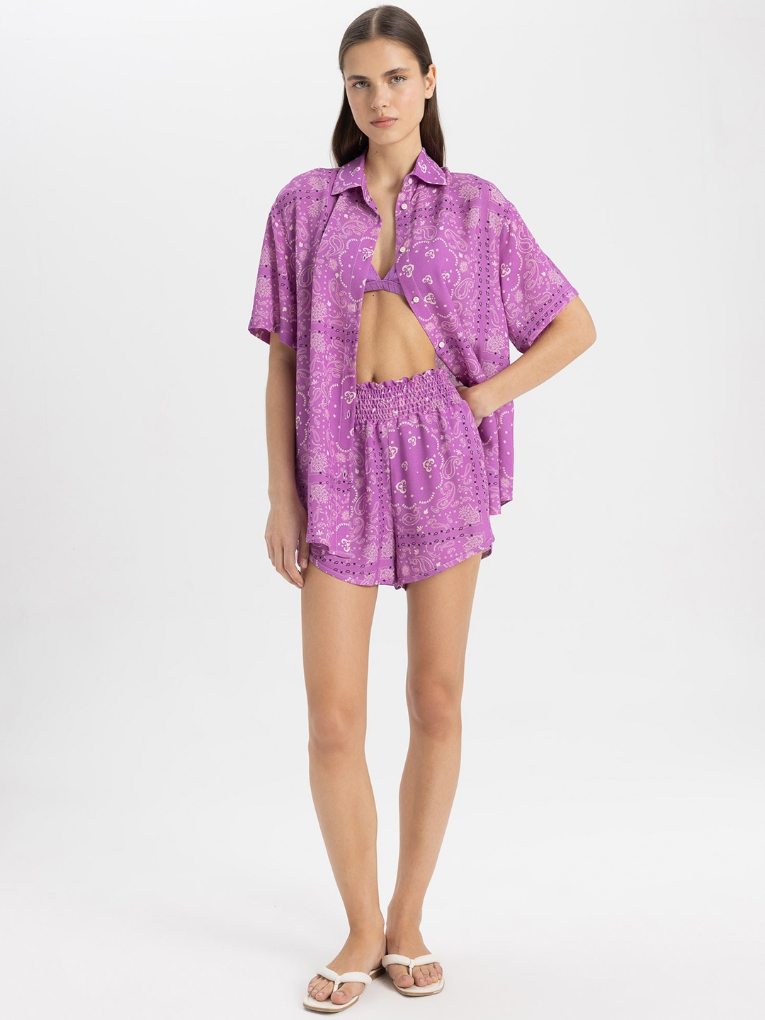 

DeFacto Printed Cotton Shirt-Collar Swim Cover Up Top, Purple
