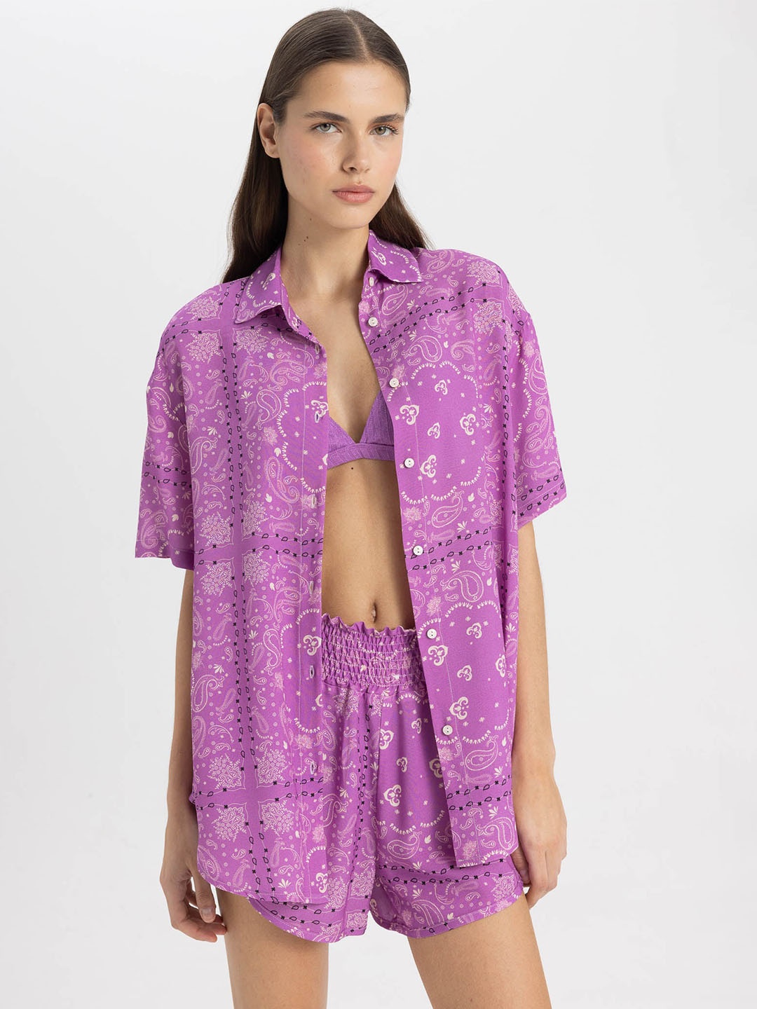 

DeFacto Printed Pure Cotton Georgette Swimwear Cover up Set, Purple