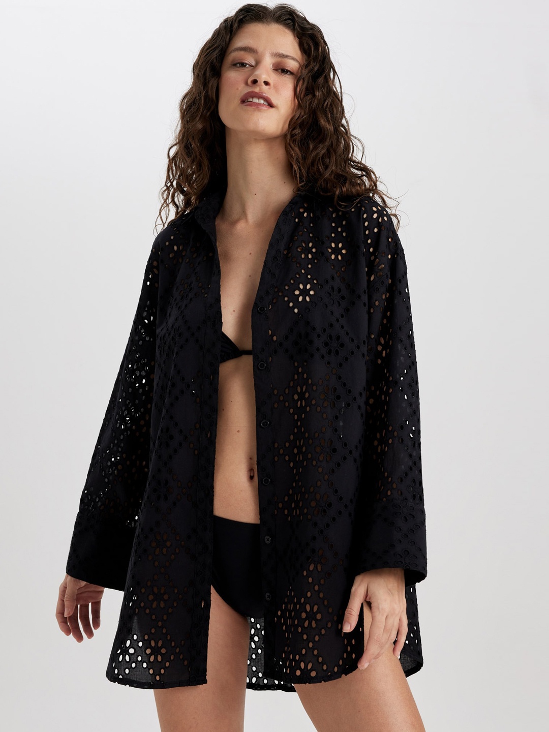 

DeFacto Self-Design Pure Cotton Swim Cover Up Top, Black