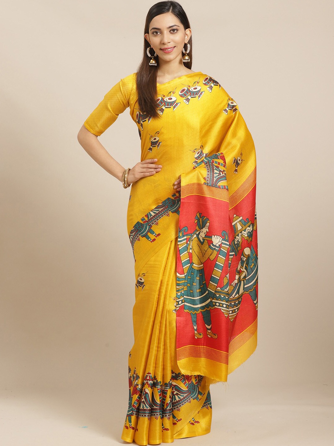 

KALINI Ethnic Bhagalpuri Motifs Art Silk Saree, Mustard