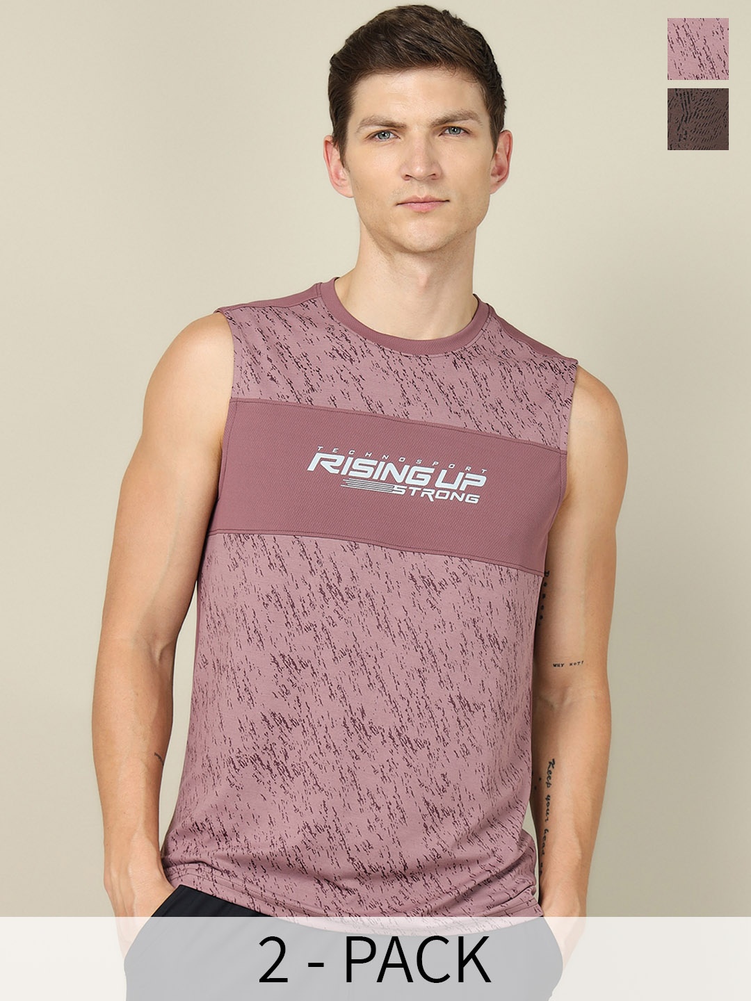 

Technosport Pack Of 2 Printed Innerwear Gym Vests-MTP758CFFSML2PK, Brown