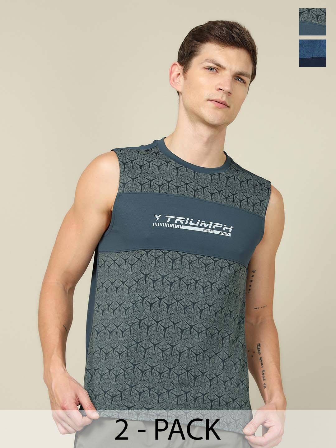 

Technosport Pack Of 2 Printed Innerwear Gym Vests-MTP758NVDSML2PK, Blue