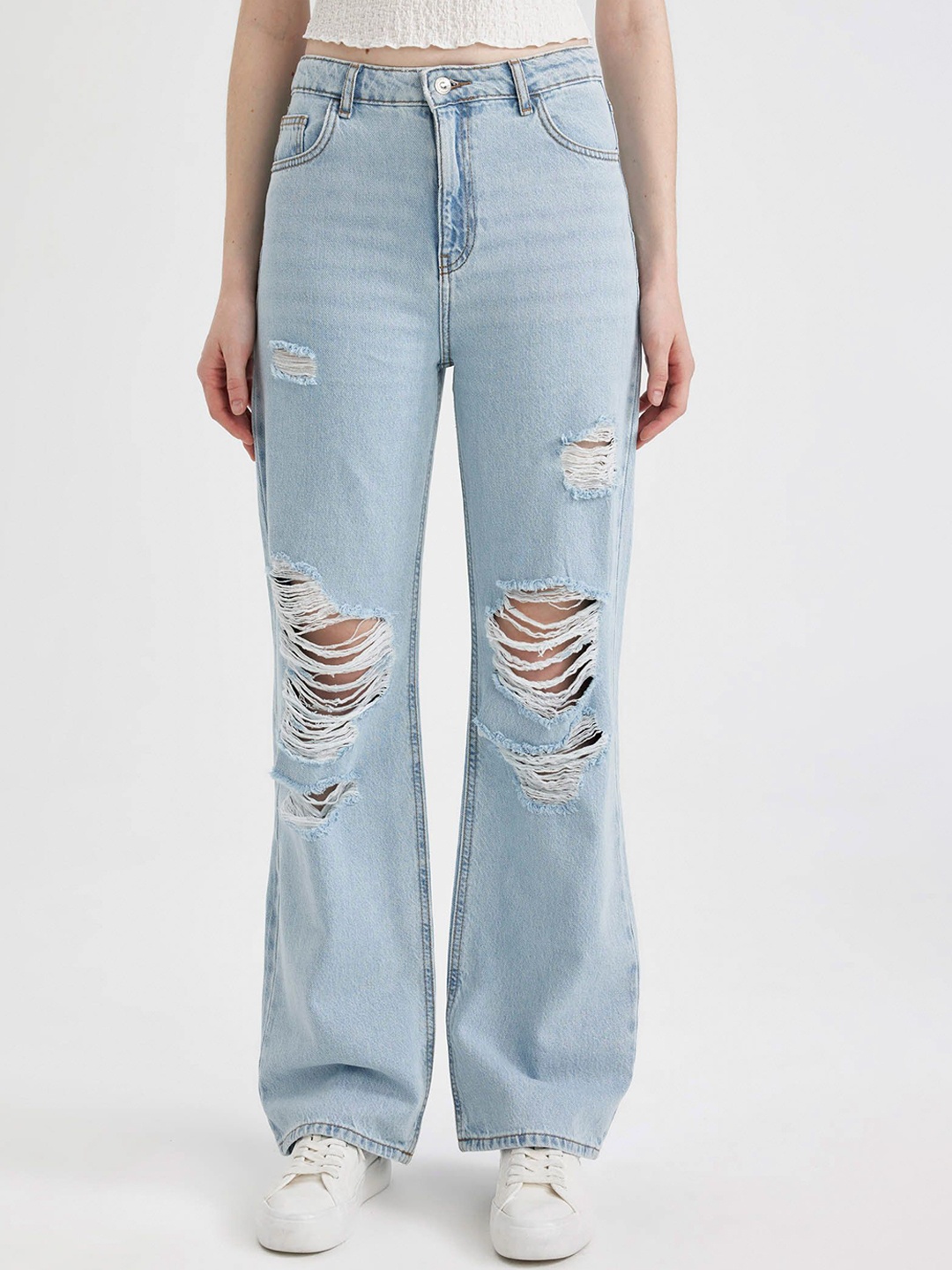 

DeFacto Women Highly Distressed Whiskers Pure Cotton Jeans, Blue