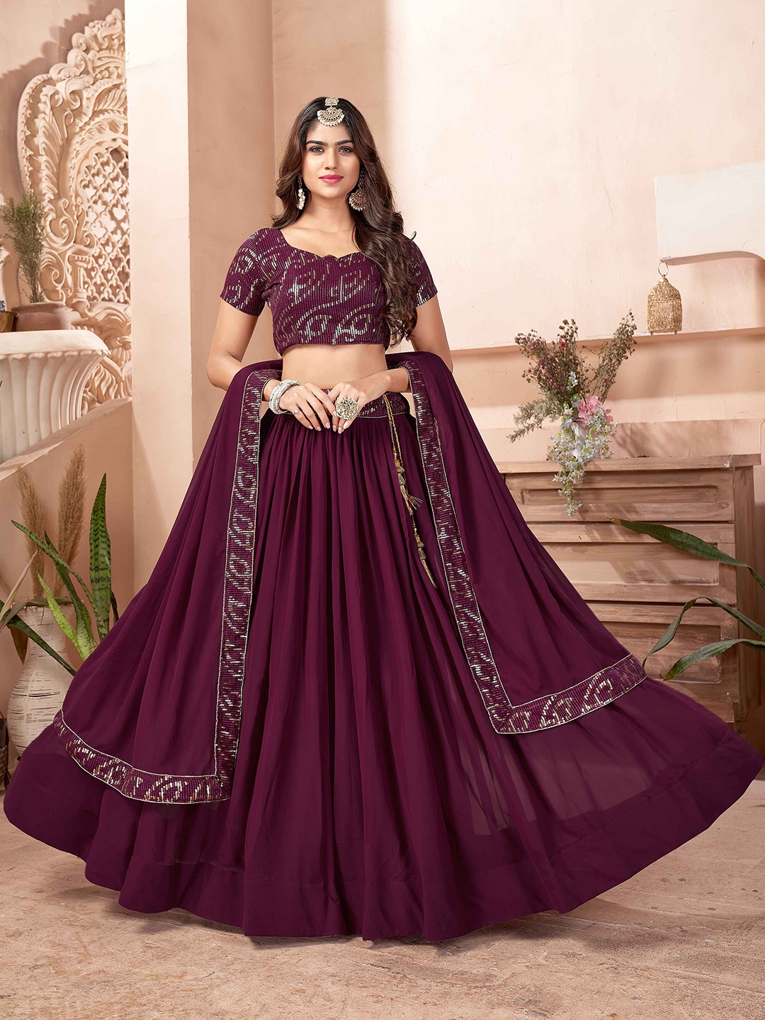 

FABPIXEL Embroidered Sequinned Semi Stitched Lehenga & Unstitched Blouse With Dupatta, Purple
