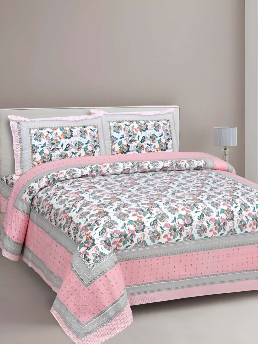 

BED-SHEET.COM Pink & White Ethnic Motifs Cotton 180 TC King Bedsheet with 2 Pillow Covers