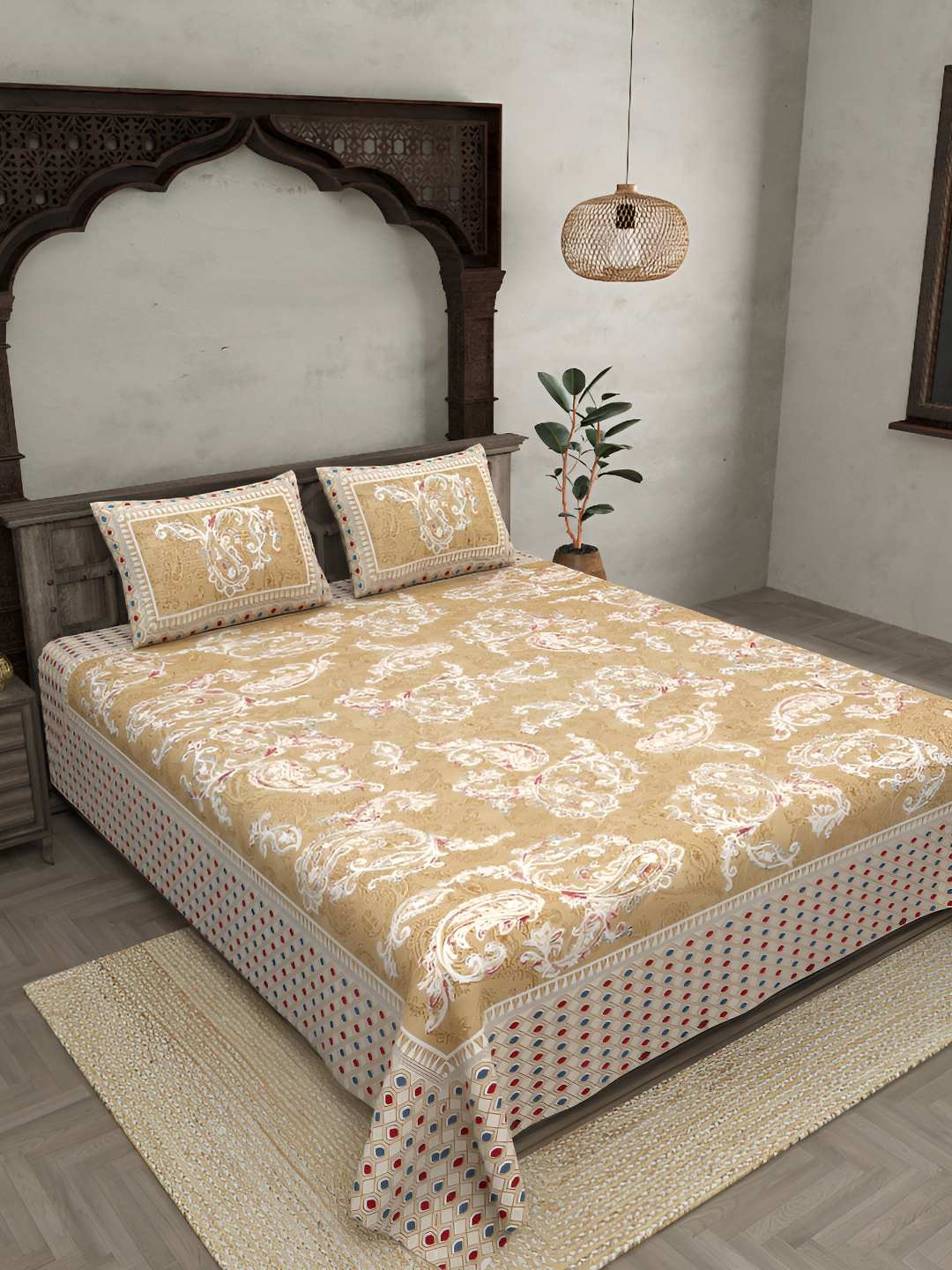 

BED-SHEET.COM Yellow Ethnic Motifs Cotton 180 TC King Bedsheet with 2 Pillow Covers