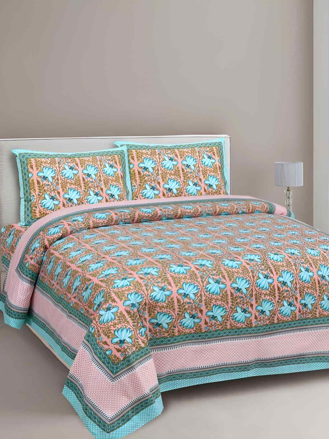 

BED-SHEET.COM Pink Ethnic Motifs Printed Cotton 180 TC King Bedsheet with 2 Pillow Covers