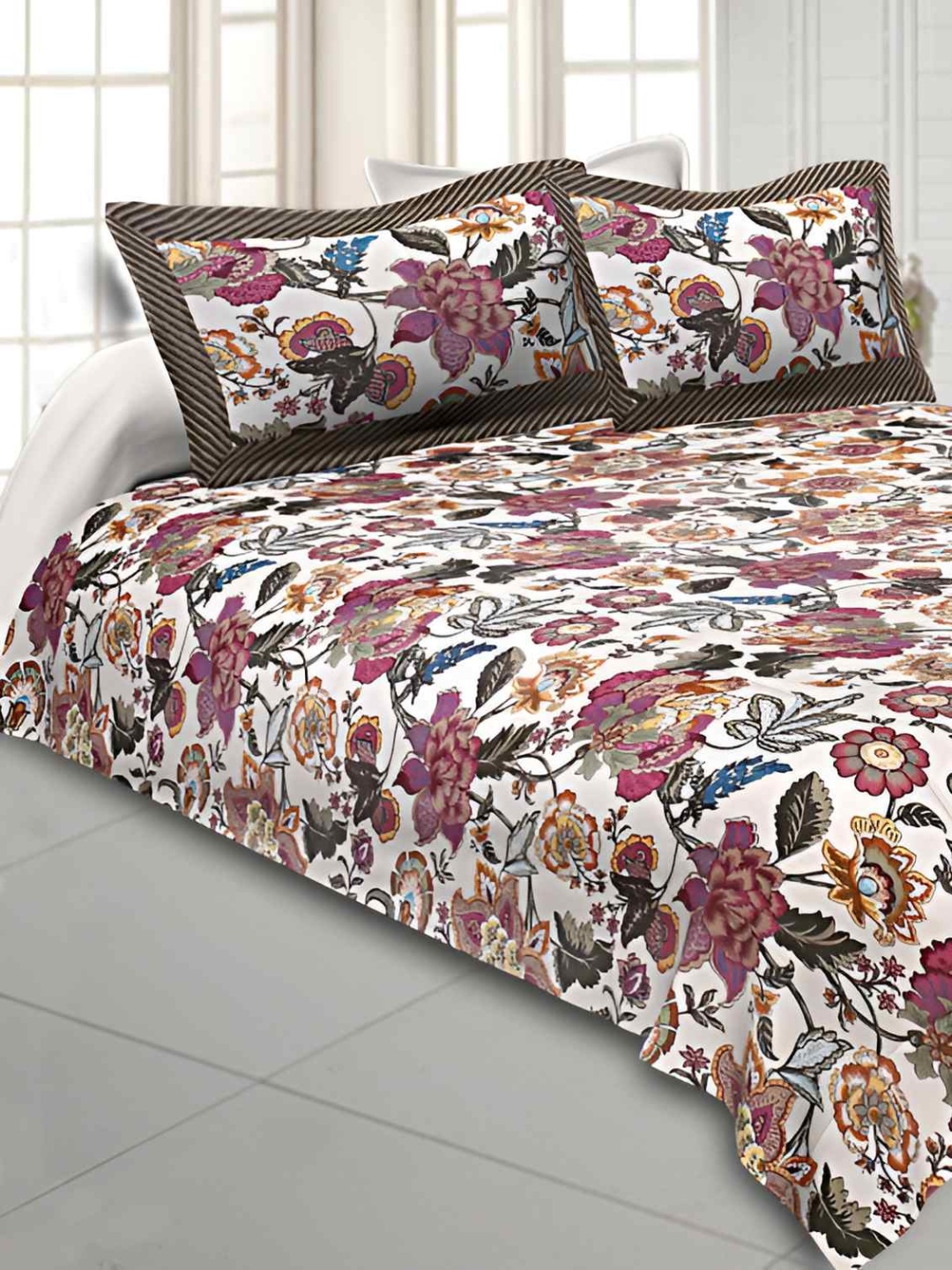 

BED-SHEET.COM White Printed Cotton 240 TC Double King Bedsheet With 2 Pillow Covers