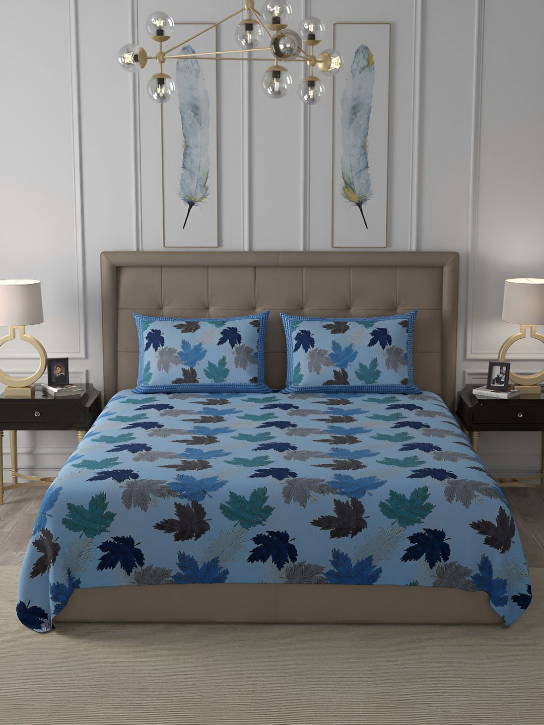 

BED-SHEET.COM Blue Floral Cotton 240 TC King Bedsheet With 2 Pillow Covers