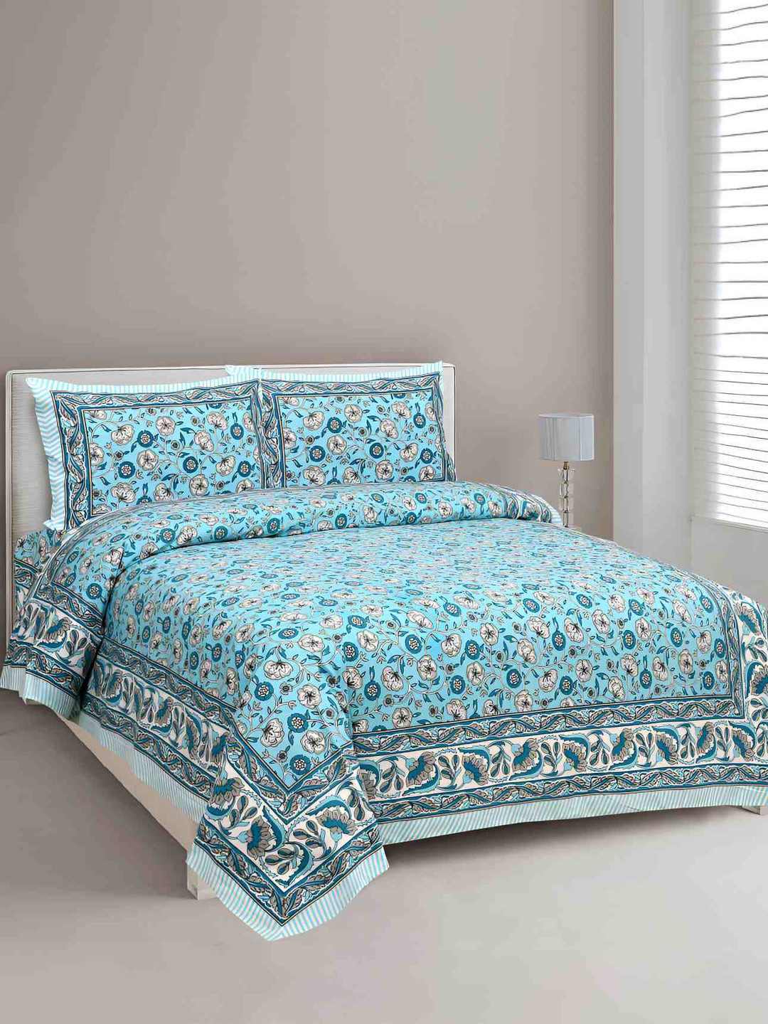 

BED-SHEET.COM Blue Ethnic Motifs Printed Cotton 240 TC King Bedsheet with 2 Pillow Covers