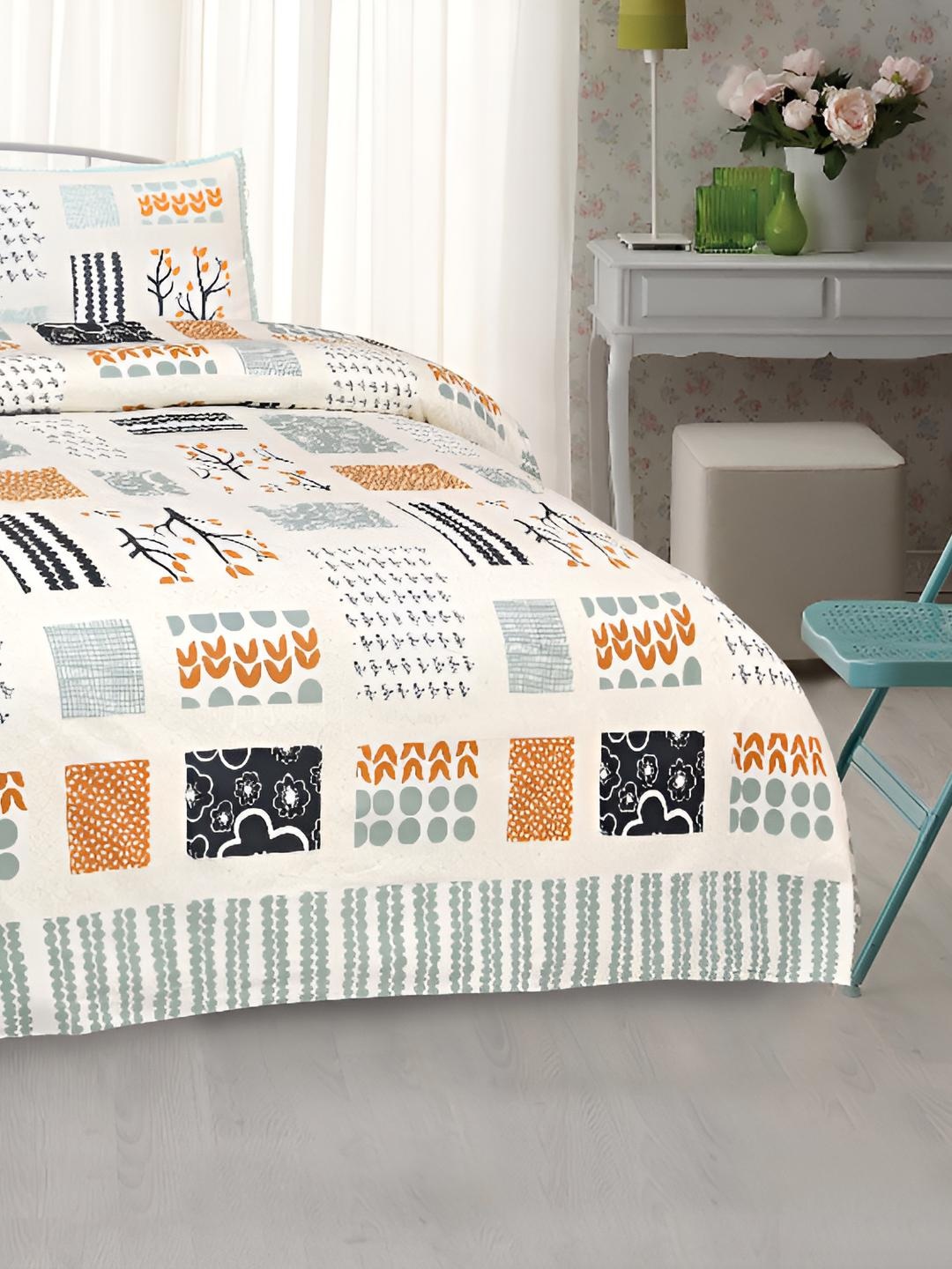 

BED-SHEET.COM White & Blue Ethnic Motifs King Bedsheet with 2 Pillow Covers