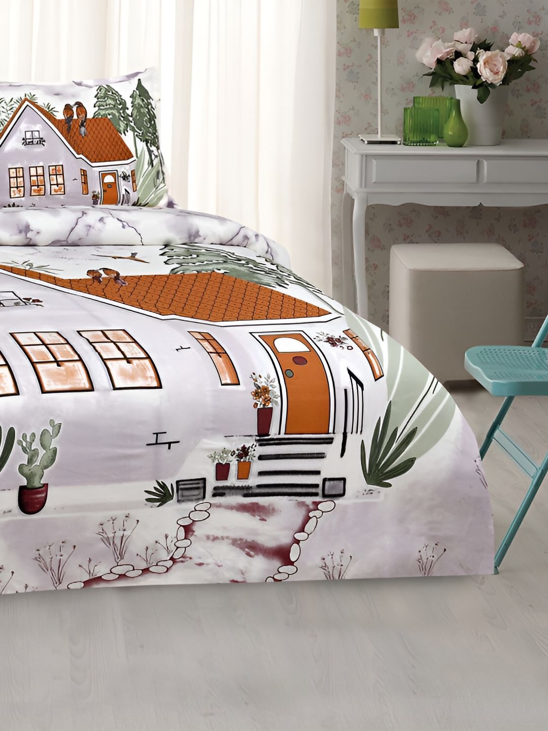 

BED-SHEET.COM Brown & Green Floral Cotton 240TC King Bedsheet With 2 Pillow Covers