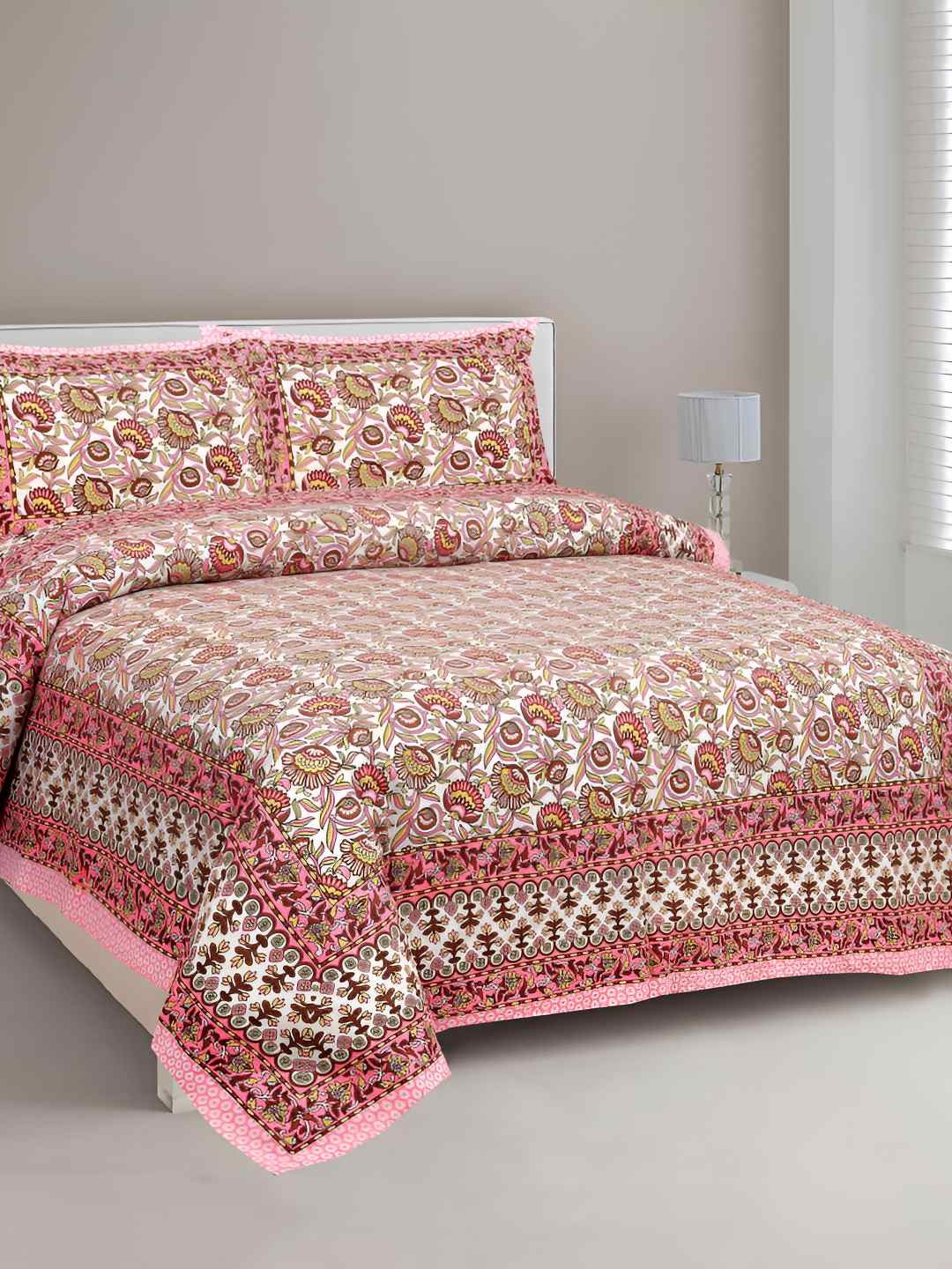 

BED-SHEET.COM Pink & White Ethnic Motifs King Bedsheet with 2 Pillow Covers