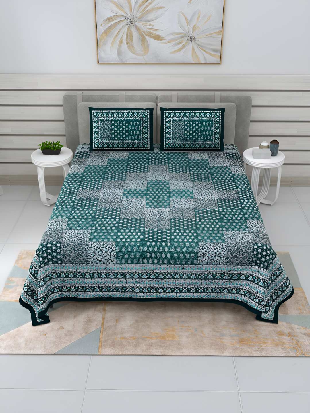 

BED-SHEET.COM Green & White Ethnic Motifs Cotton 240 TC King Bedsheet With 2 Pillow Covers