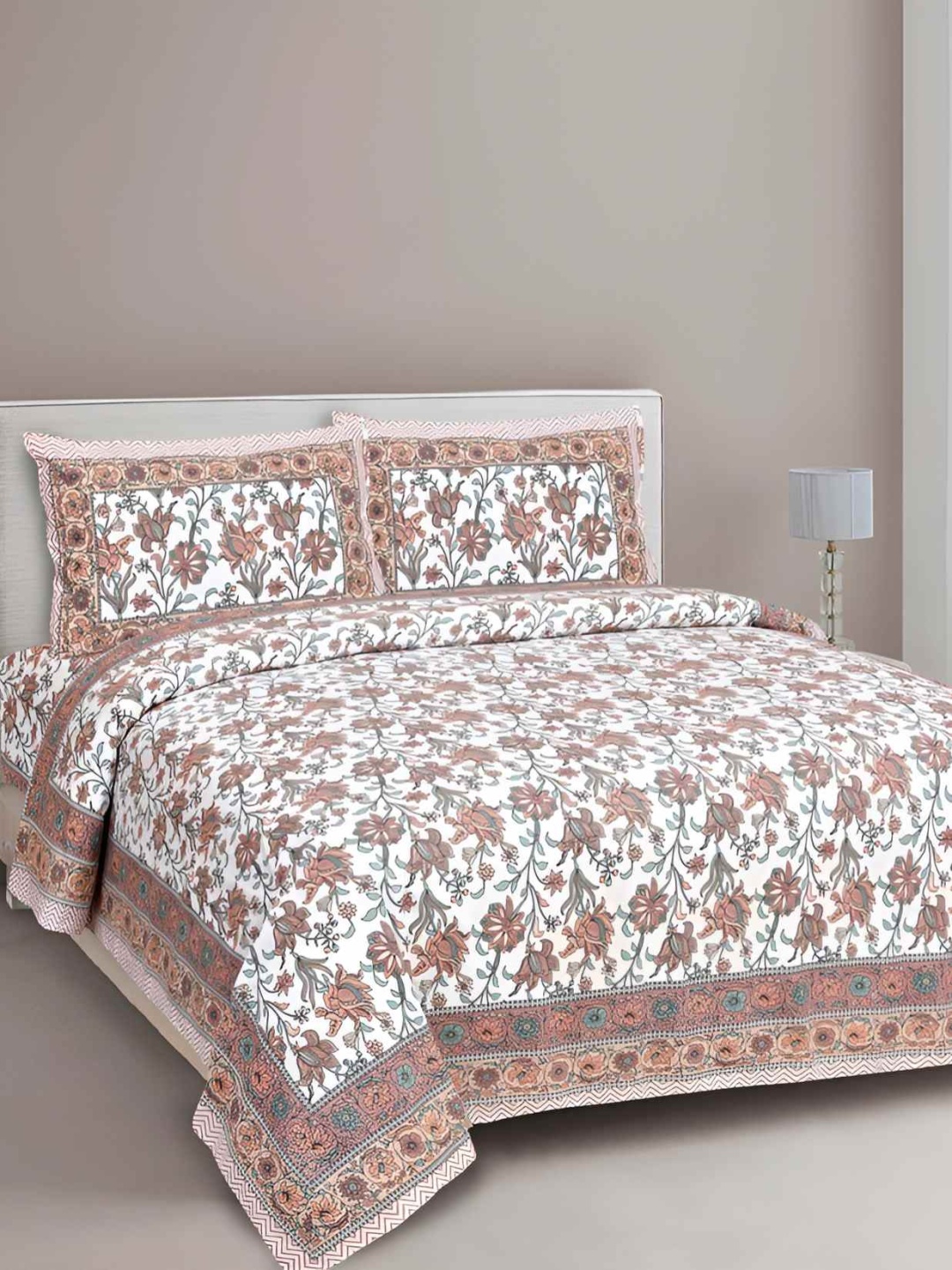 

BED-SHEET.COM White & Coral Ethnic Motifs 180 TC King Bedsheet with 2 Pillow Covers