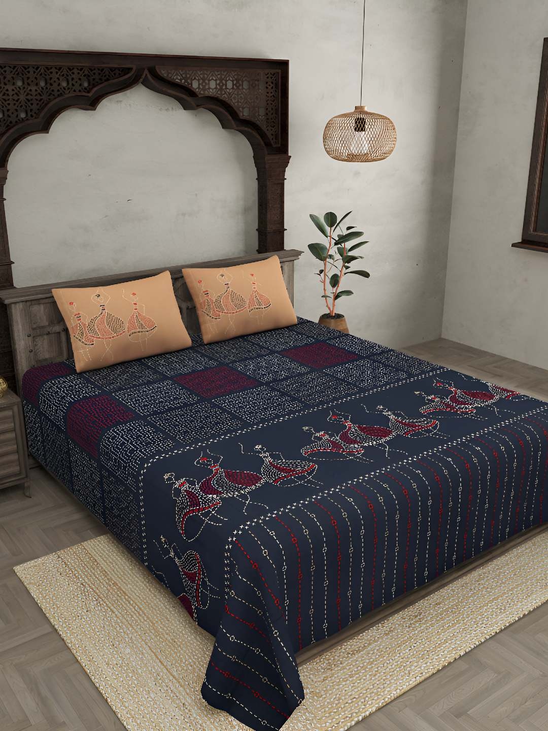

BED-SHEET.COM Navy Blue & Beige Printed Cotton 300 TC King Bedsheet With 2 Pillow Covers
