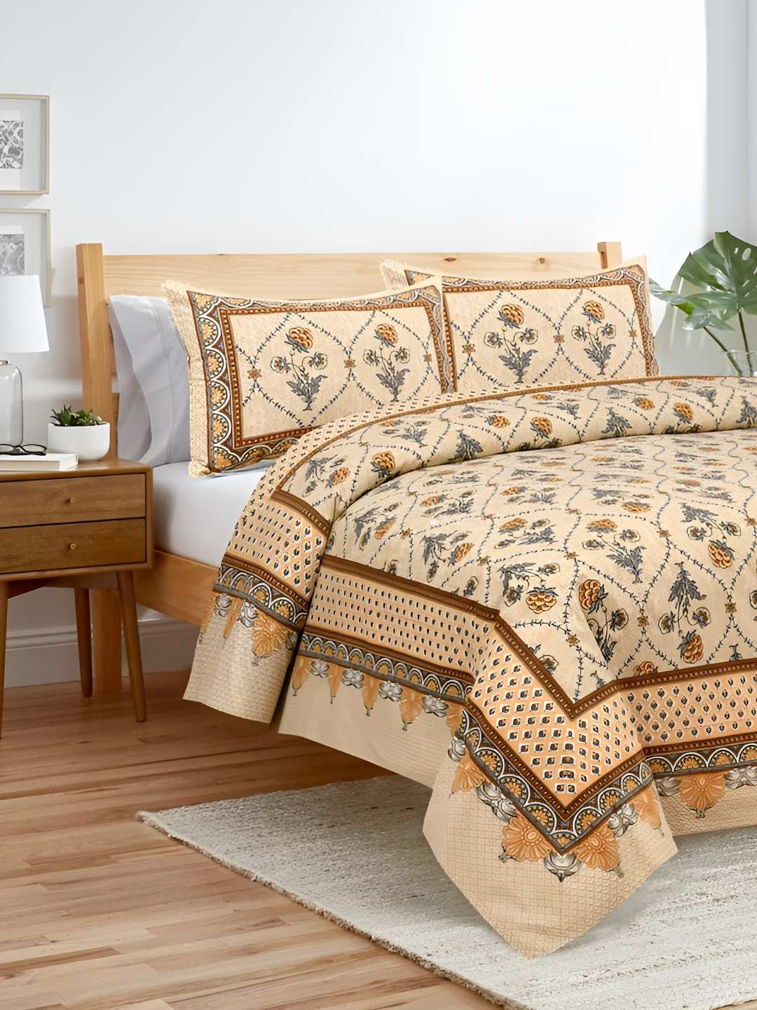

BED-SHEET.COM Brown & Grey Ethnic Motifs Cotton 240 TC King Bedsheet With 2 Pillow Covers