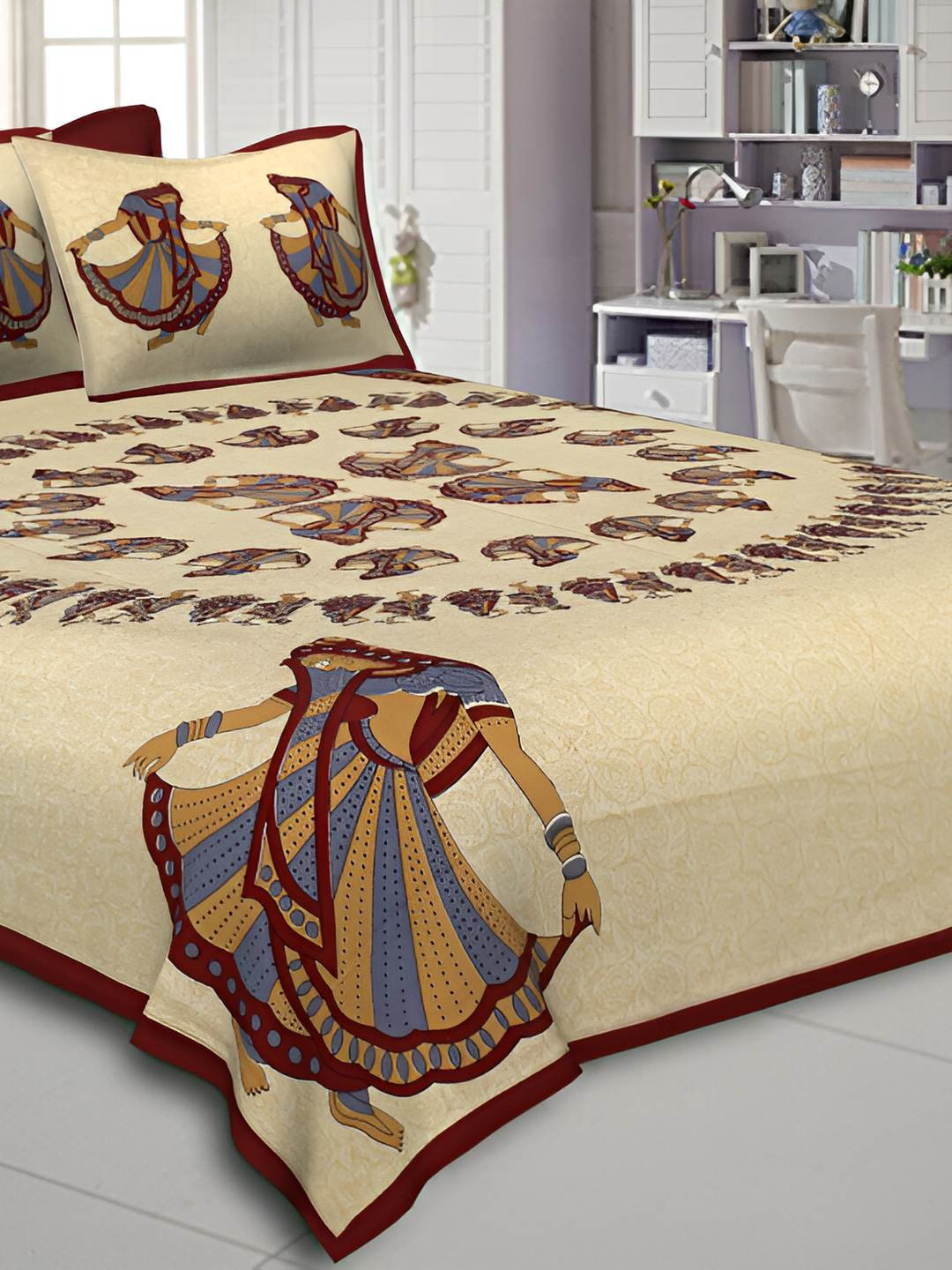 

BED-SHEET.COM Maroon & Cream Ethnic Motifs Cotton 144 TC King Bedsheet & 2 Pillow Covers