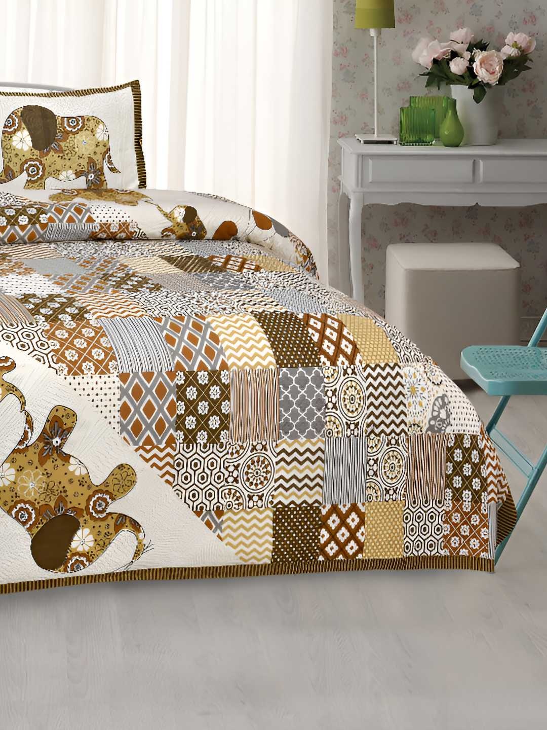 

BED-SHEET.COM White & Grey Ethnic Motifs King Bedsheet with 2 Pillow Covers