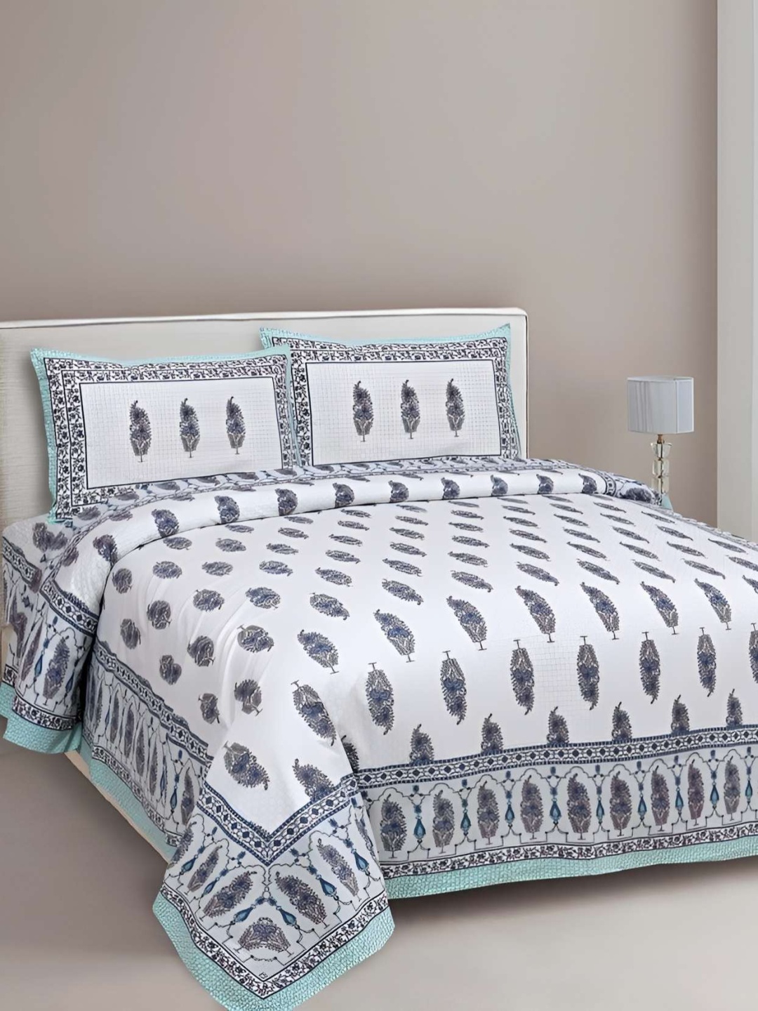 

BED-SHEET.COM Green & White Ethnic Motifs 180 TC King Bedsheet with 2 Pillow Covers