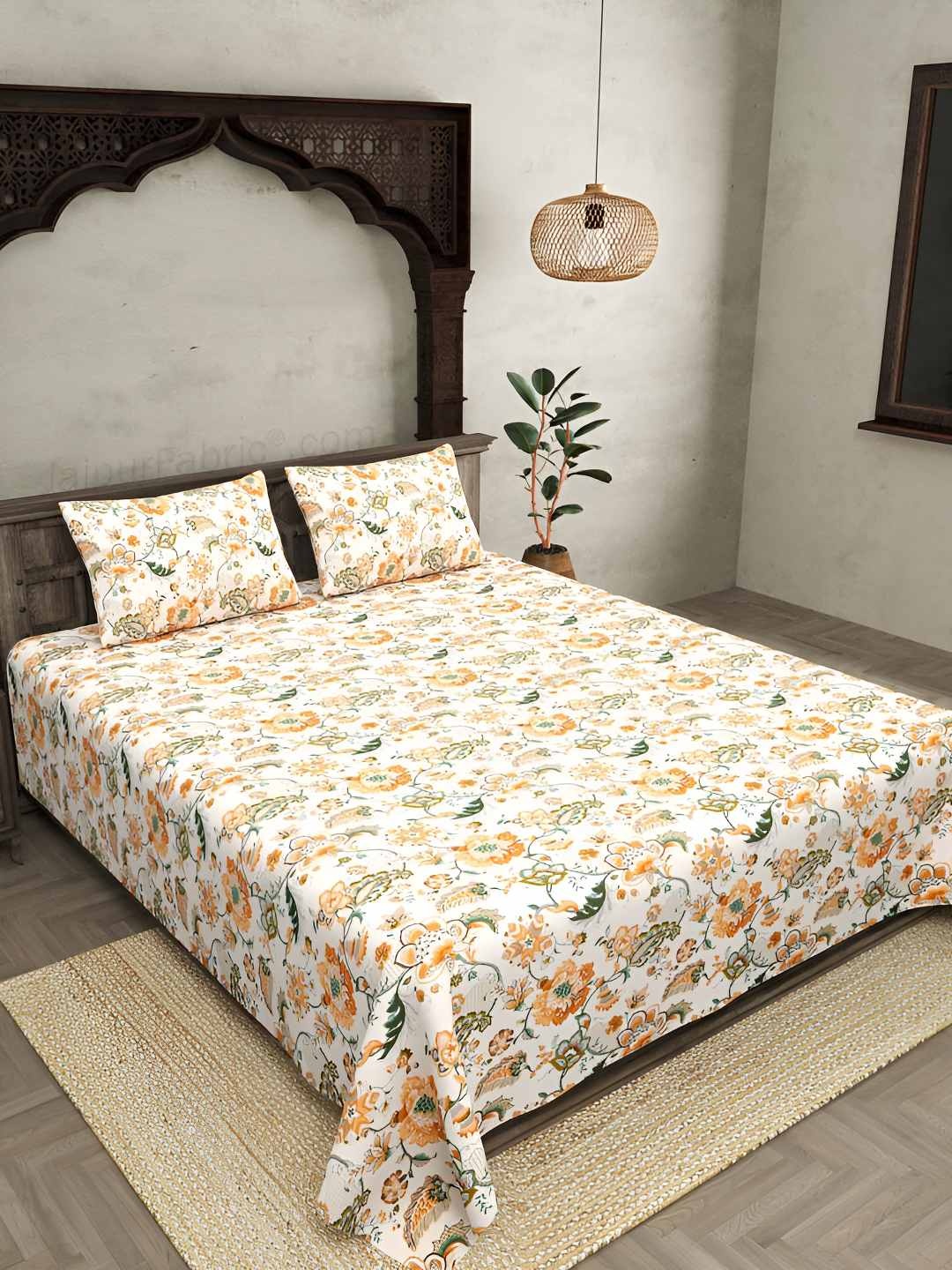 

BED-SHEET.COM Yellow & White Ethnic Motifs Cotton 240TC King Bedsheet With 2 Pillow Covers