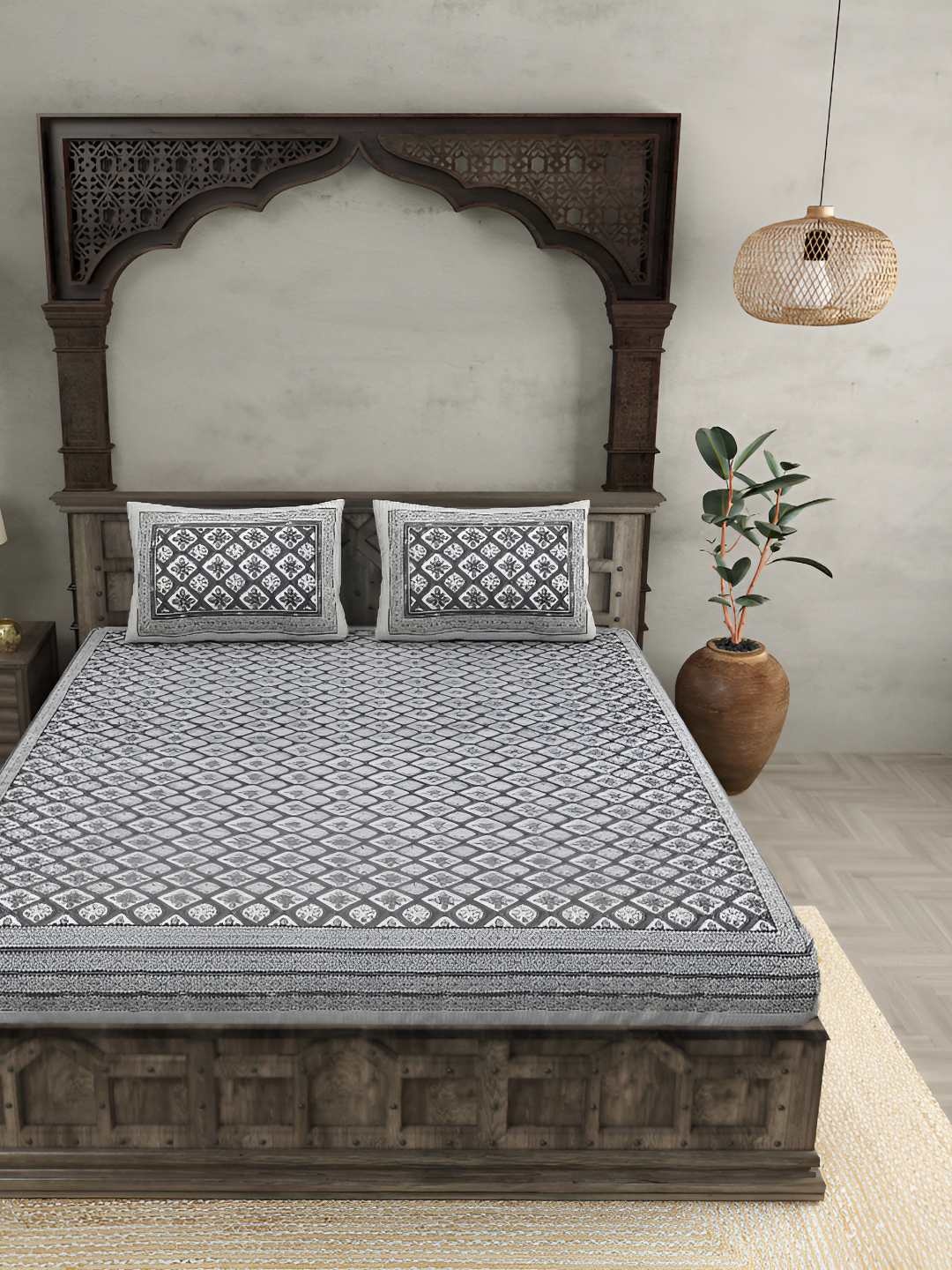 

BED-SHEET.COM Grey & White Ethnic Motifs Cotton 240TC King Bedsheet With 2 Pillow Covers