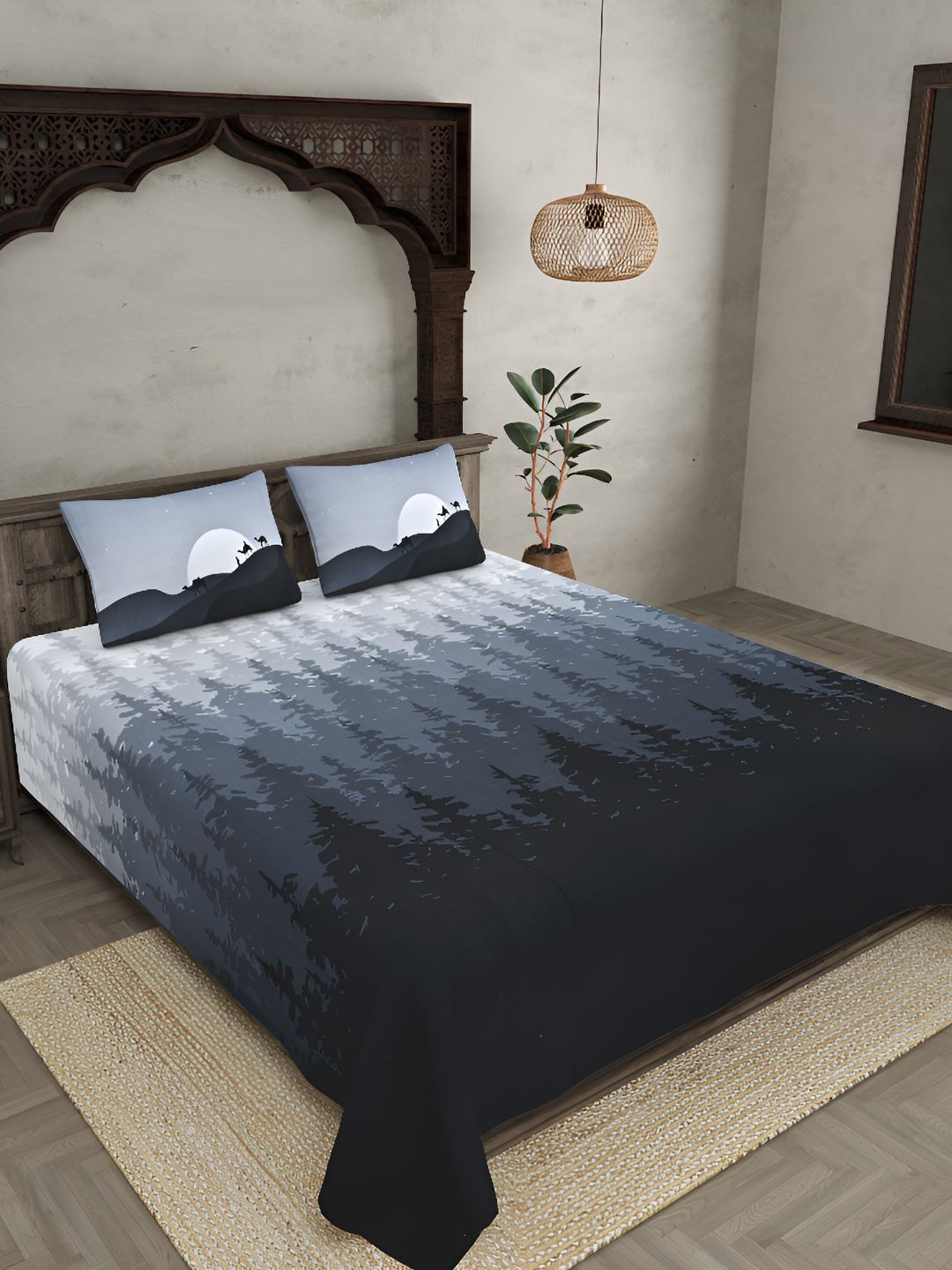 

BED-SHEET.COM Grey & White Floral Cotton 300 TC King Bedsheet With 2 Pillow Covers