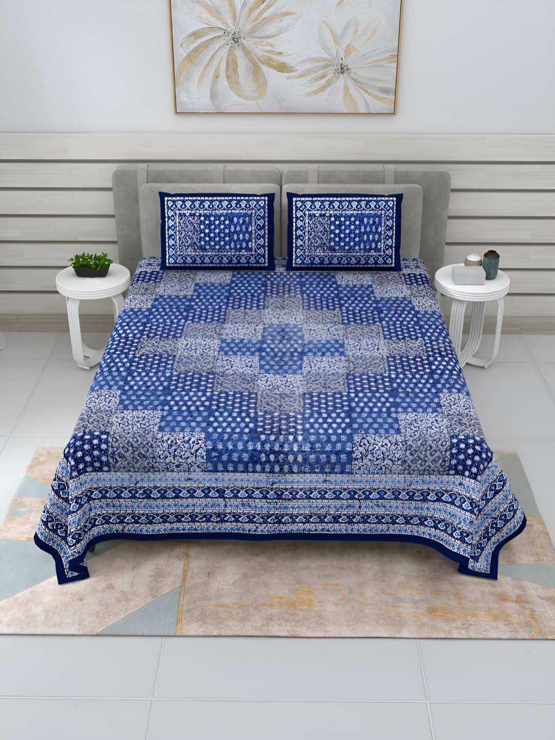 

BED-SHEET.COM Blue Ethnic Motifs Printed Cotton 240 TC King Bedsheet with 2 Pillow Covers