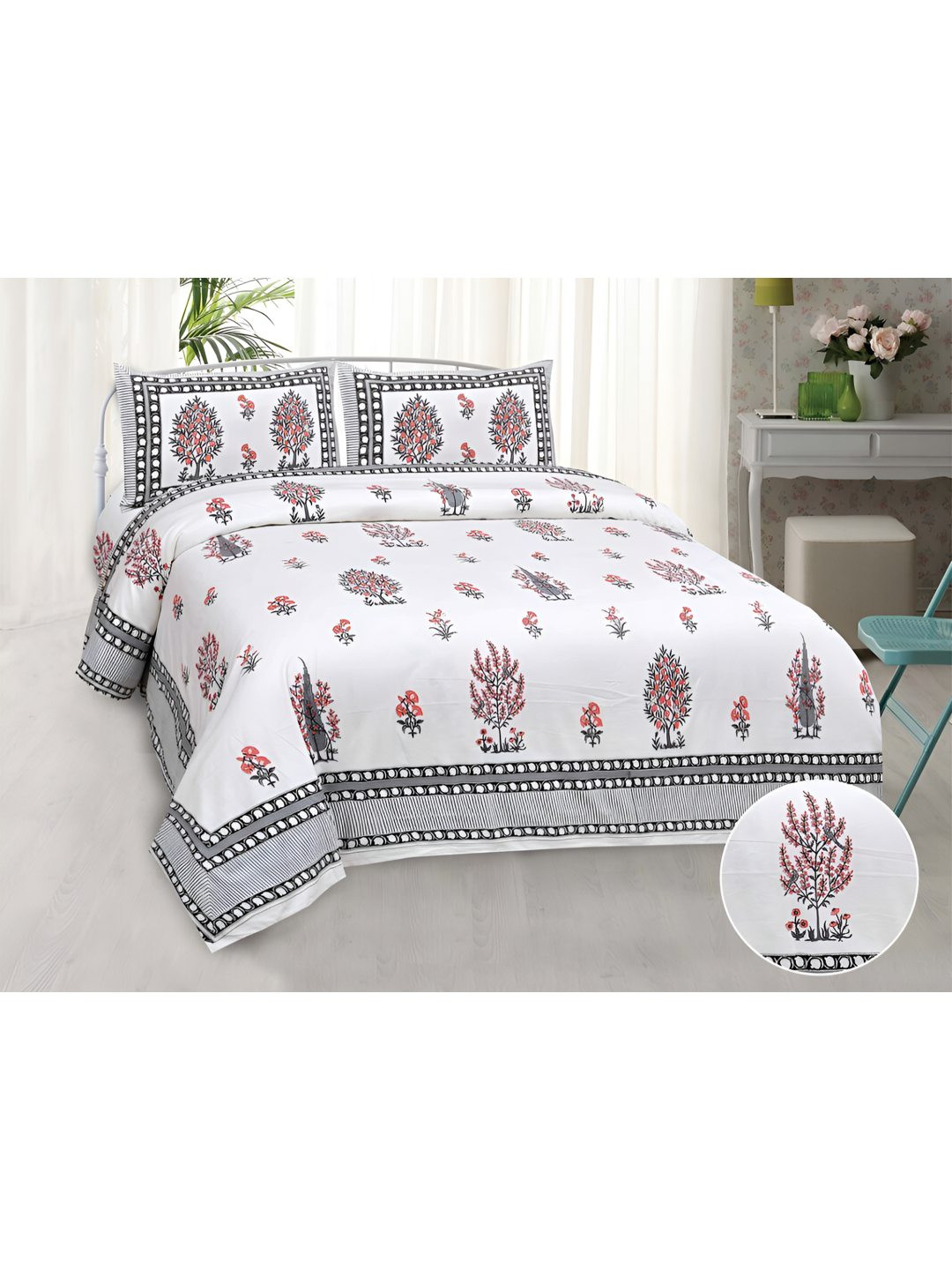 

BED-SHEET.COM White & Orange Floral Cotton 240 TC King Bedsheet With 2 Pillow Covers