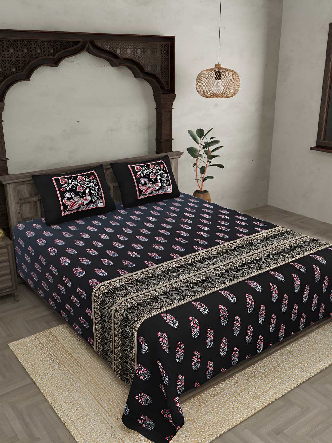 

BED-SHEET.COM Blue Ethnic Motifs Printed Cotton 300 TC King Bedsheet with 2 Pillow Covers, Navy blue