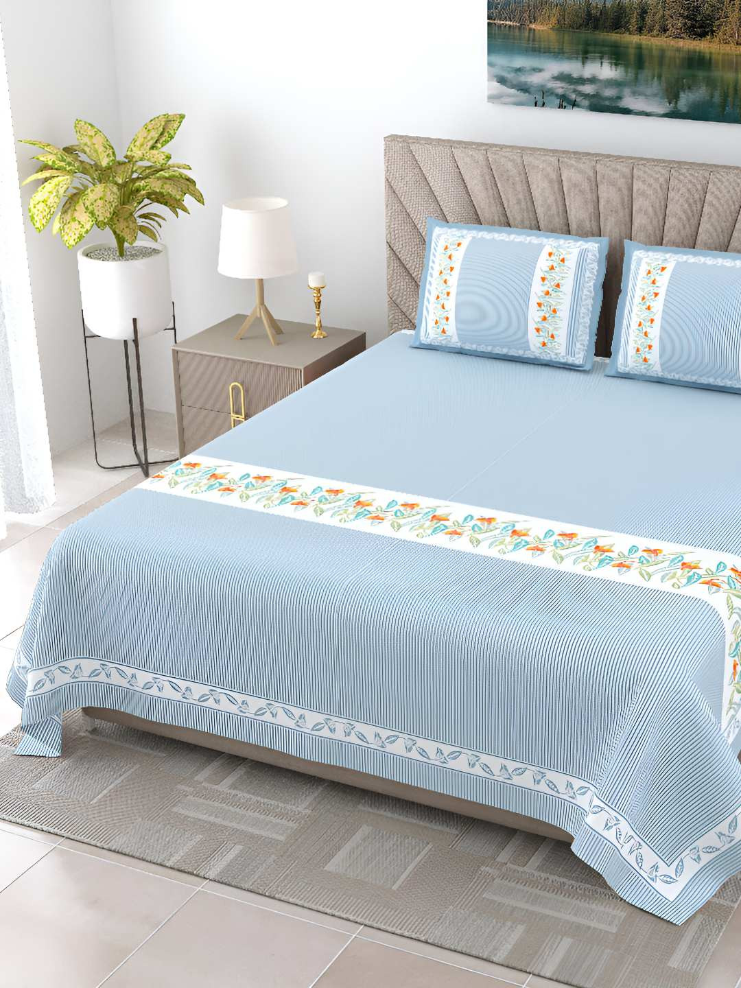 

BED-SHEET.COM Blue & White Ethnic Motifs Pure Cotton 240 TC King Bedsheet &2 Pillow Covers