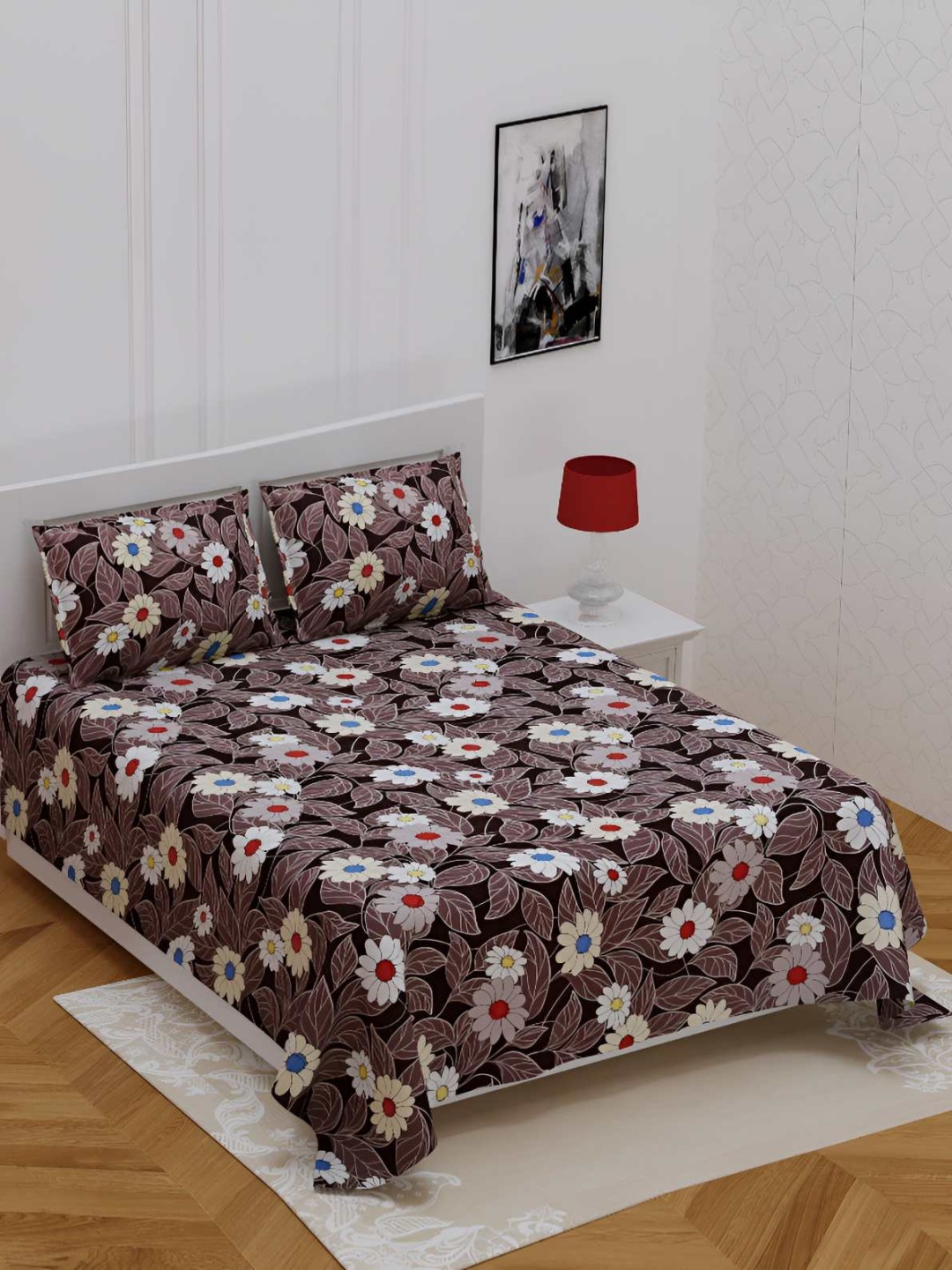 

BED-SHEET.COM Brown & White Floral Cotton 144 TC King Double Bedsheet With 2 Pillow Covers