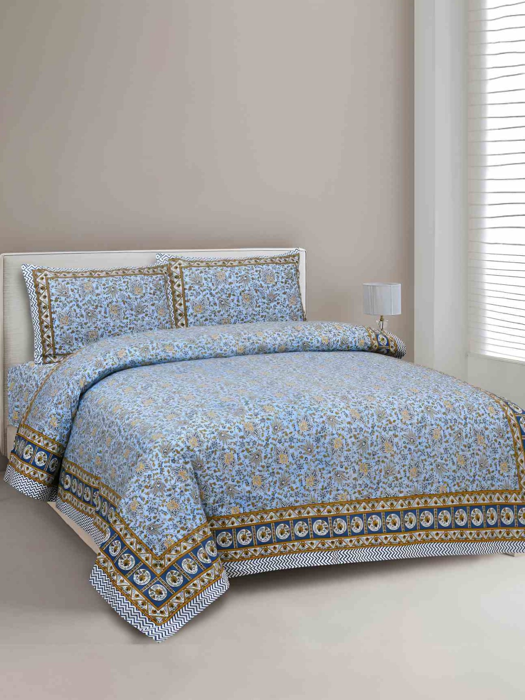 

BED-SHEET.COM Blue & Green Ethnic Motifs King Bedsheet with 2 Pillow Covers
