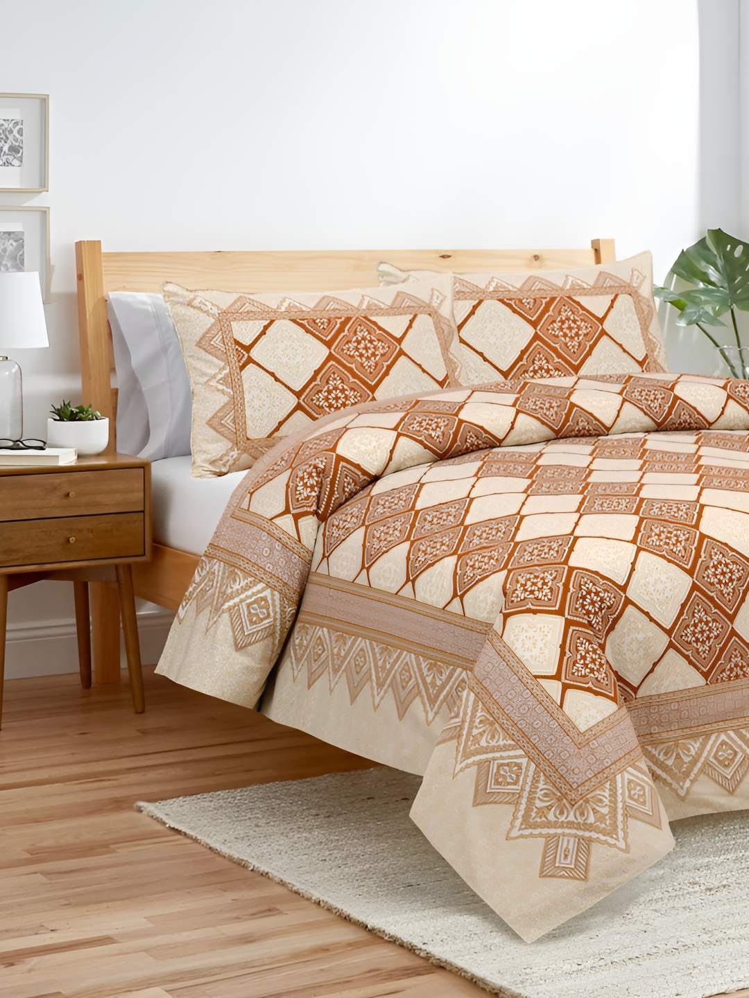 

BED-SHEET.COM Brown Ethnic Motifs Printed Cotton 240 TC King Bedsheet with 2 Pillow Covers, Off white