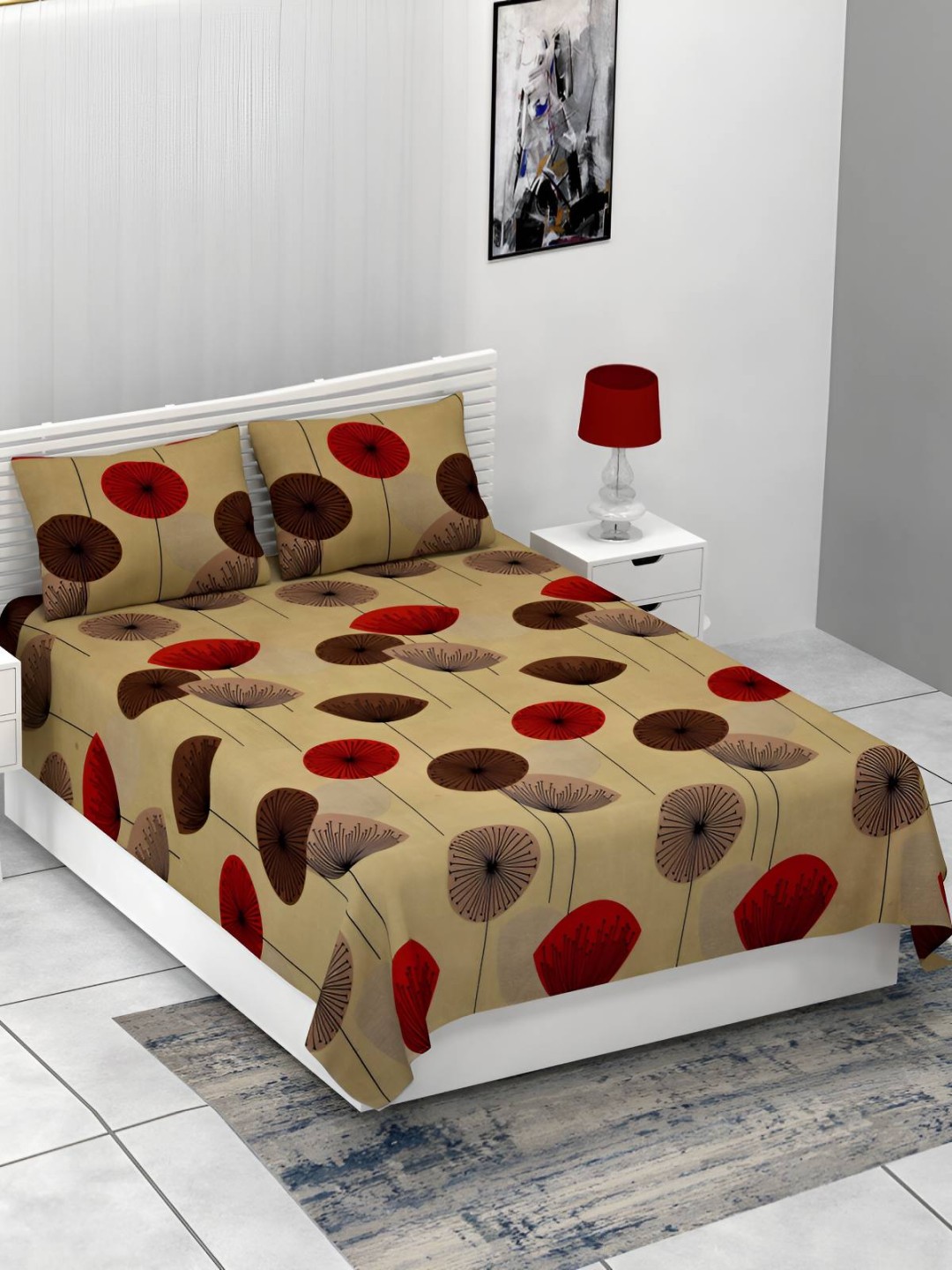 

BED-SHEET.COM Beige & Red Geometric Cotton 144 TC King Bedsheet With 2 Pillow Covers