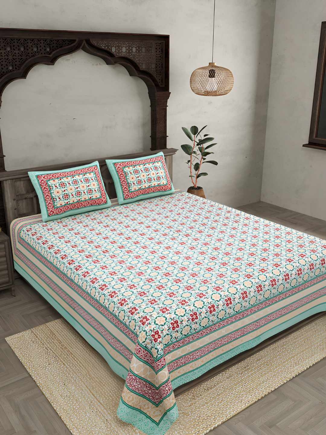 

BED-SHEET.COM Green & Red Printed Cotton 180 TC Double King Bedsheet With 2 Pillow Covers