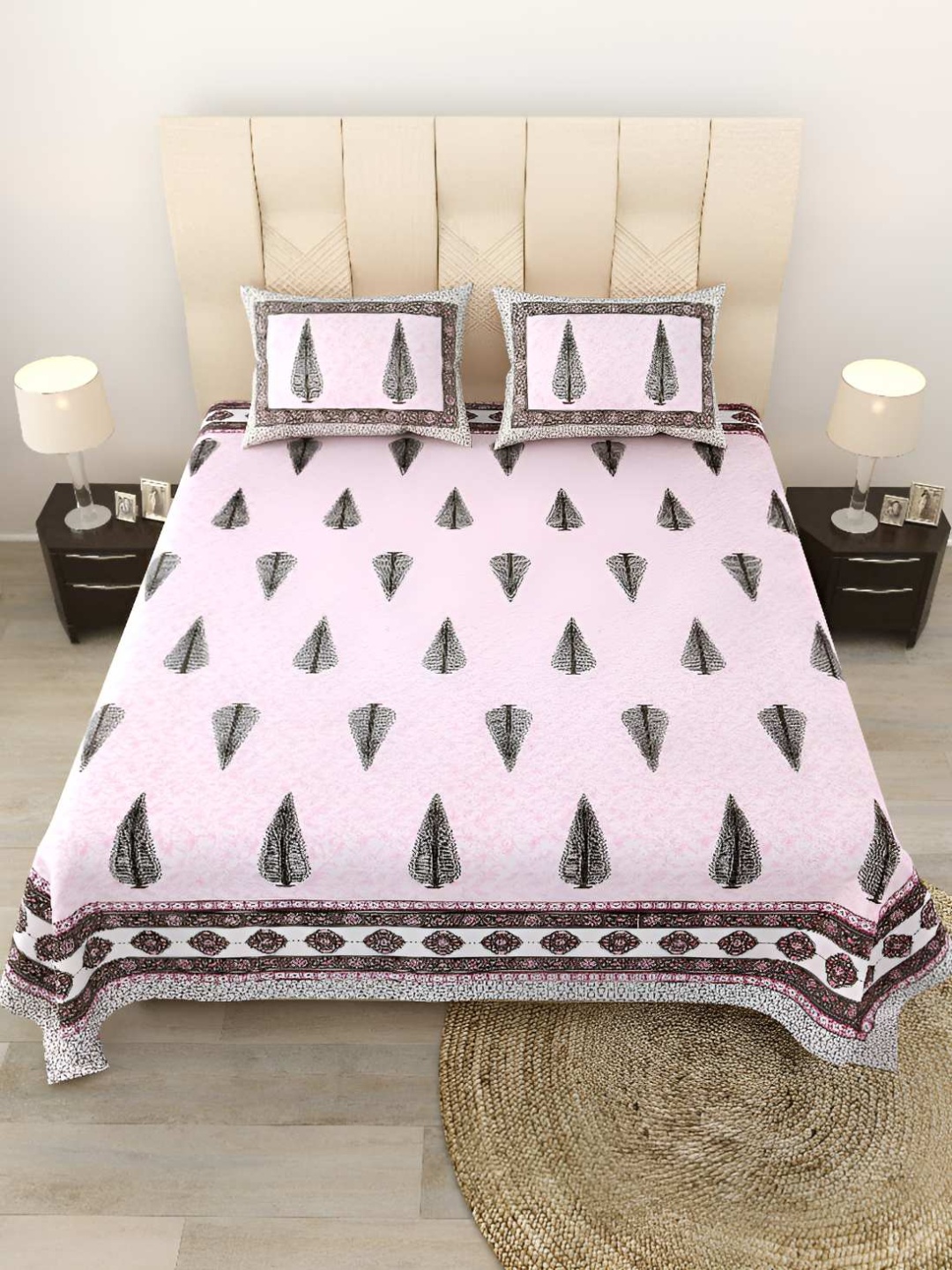 

BED-SHEET.COM Pink & White Ethnic Motifs Cotton 180 TC King Bedsheet With 2 Pillow Covers