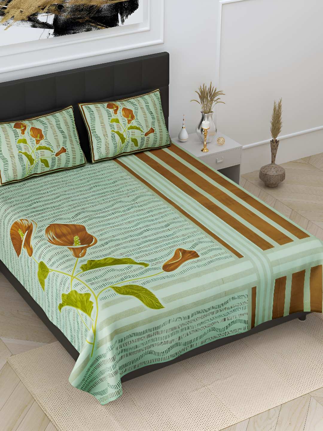 

BED-SHEET.COM Green & Brown Ethnic Motifs Cotton 240 TC King Bedsheet With 2 Pillow Covers
