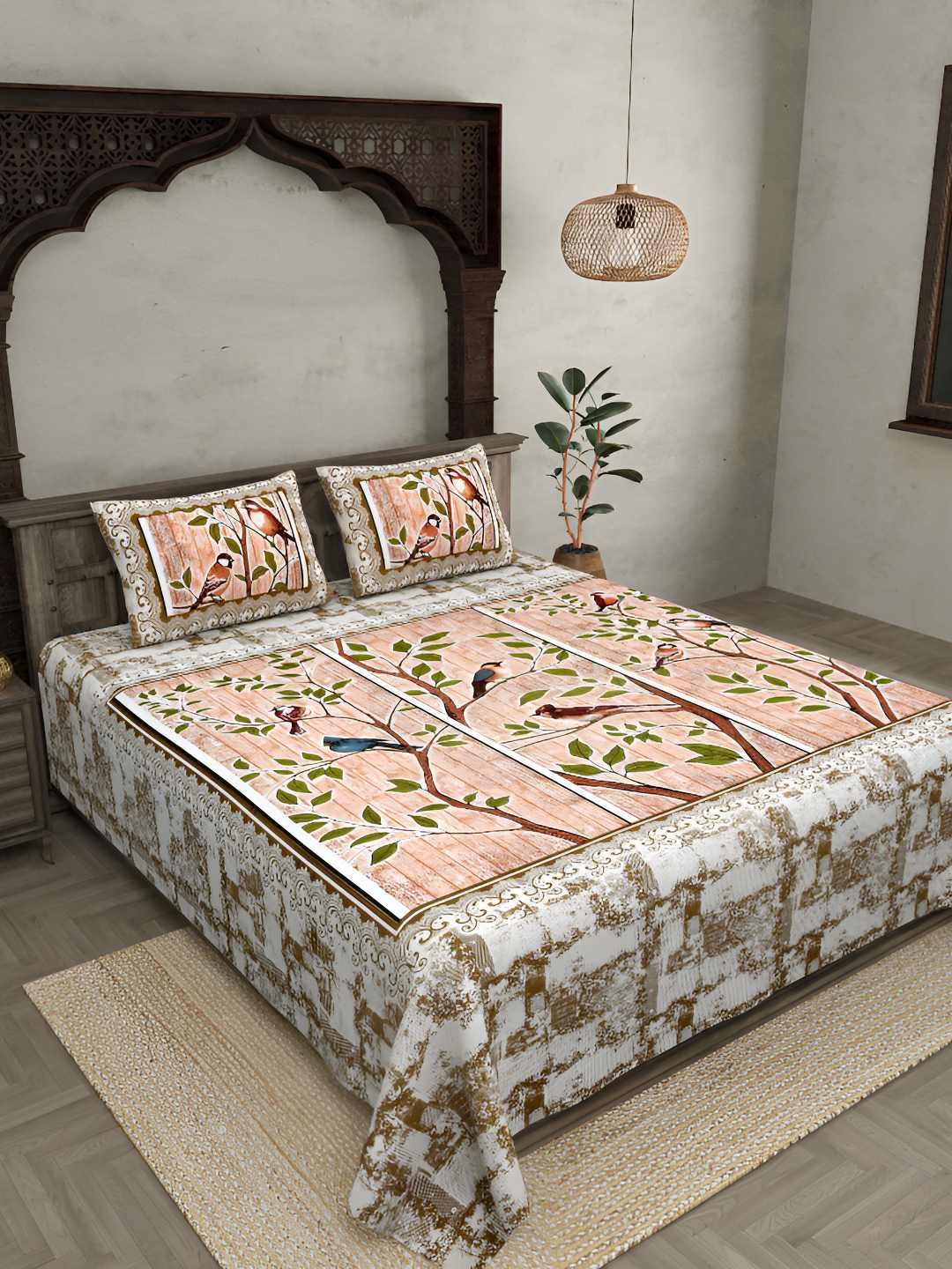 

BED-SHEET.COM Peach Ethnic Motifs Cotton 180 TC King Bedsheet with 2 Pillow Covers
