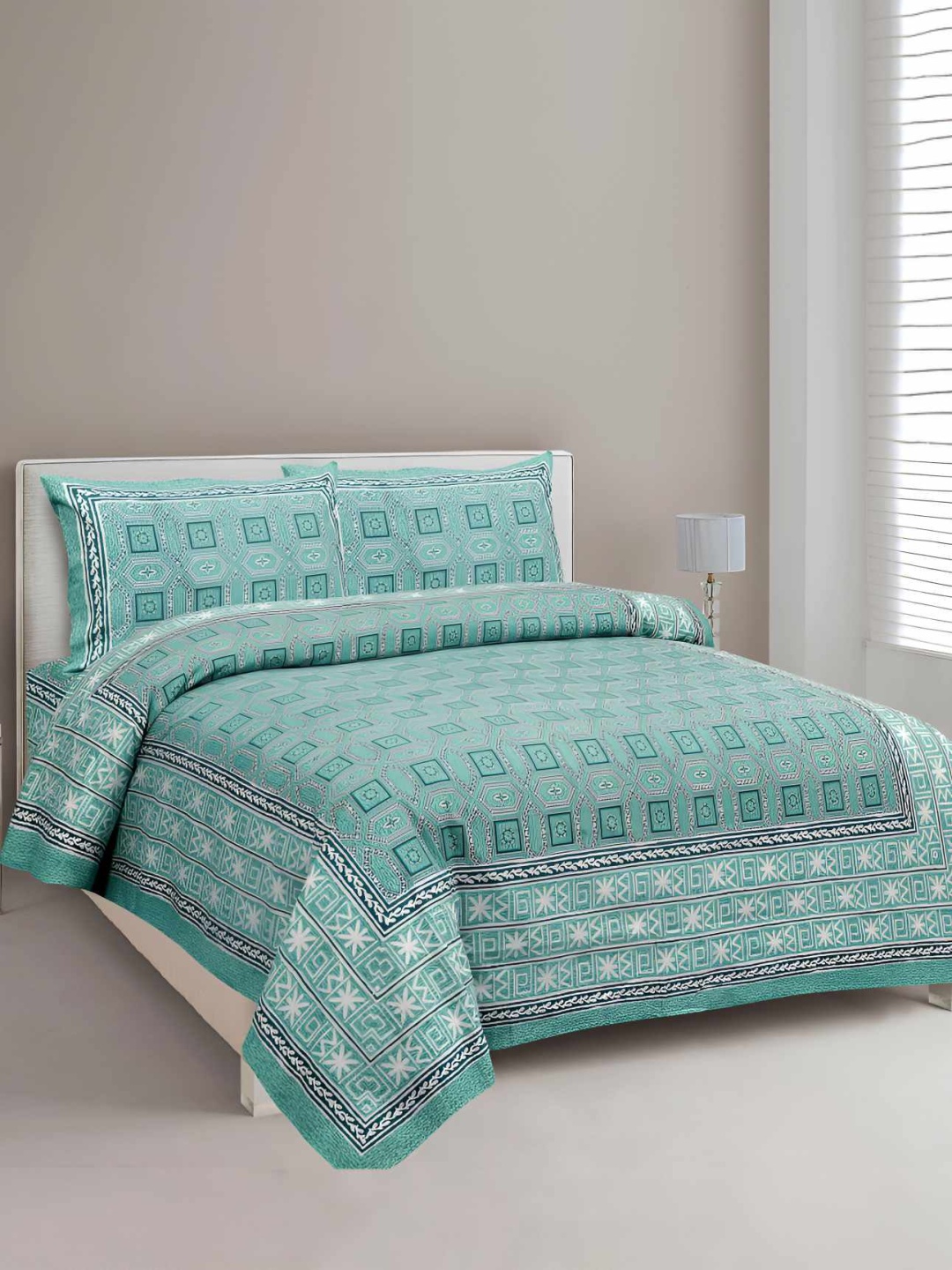

BED-SHEET.COM Green Ethnic Motifs King Bedsheet with 2 Pillow Covers