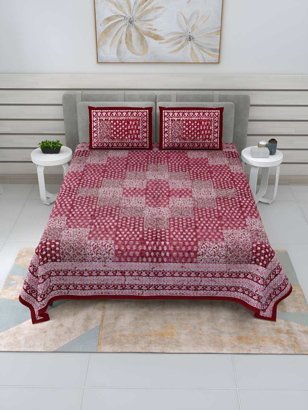 

BED-SHEET.COM Maroon Ethnic Motifs Cotton 240 TC King Bedsheet with 2 Pillow Covers