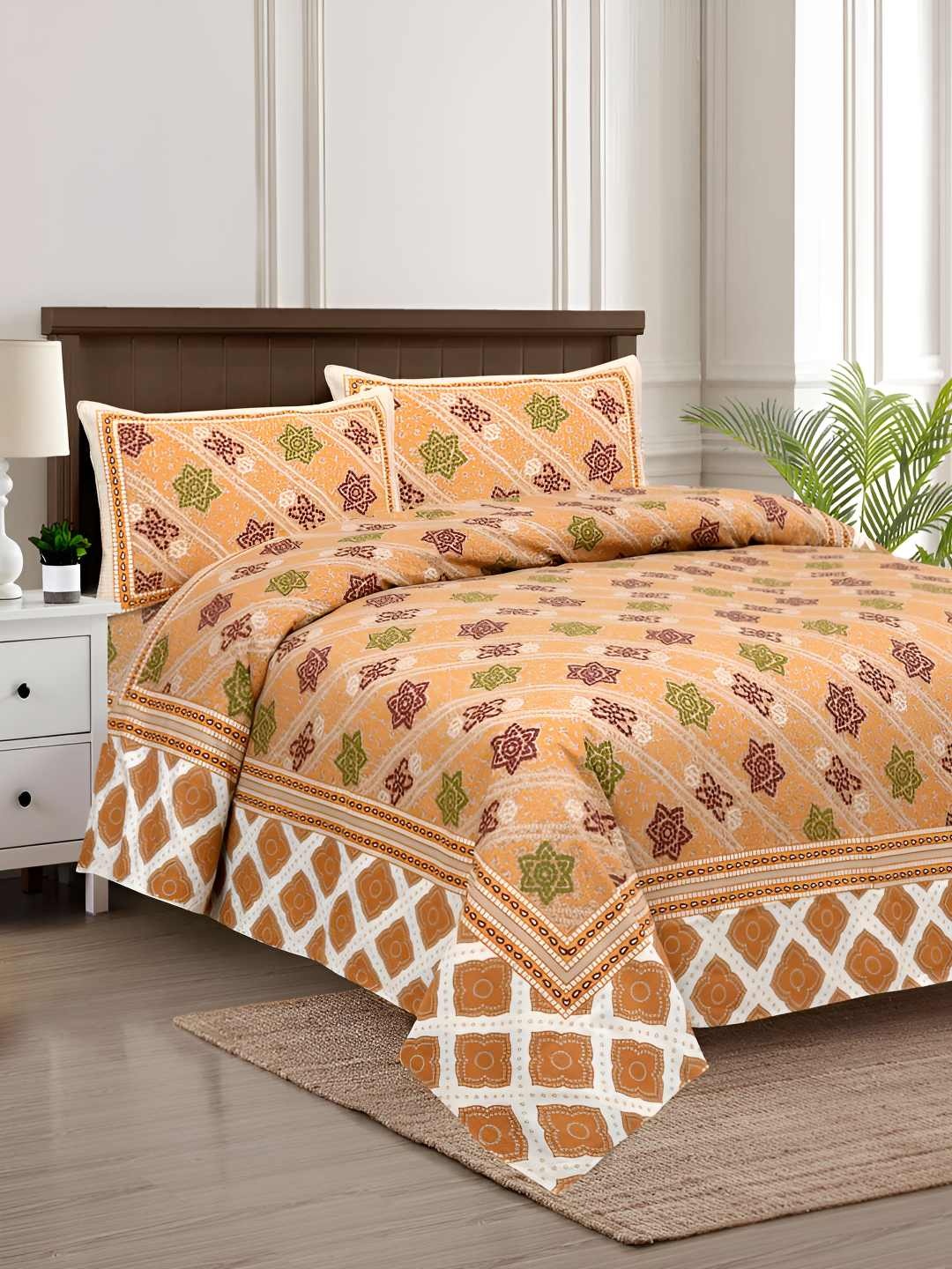 

BED-SHEET.COM Yellow Ethnic Motifs Printed 240 TC King Bedsheet with 2 Pillow Covers